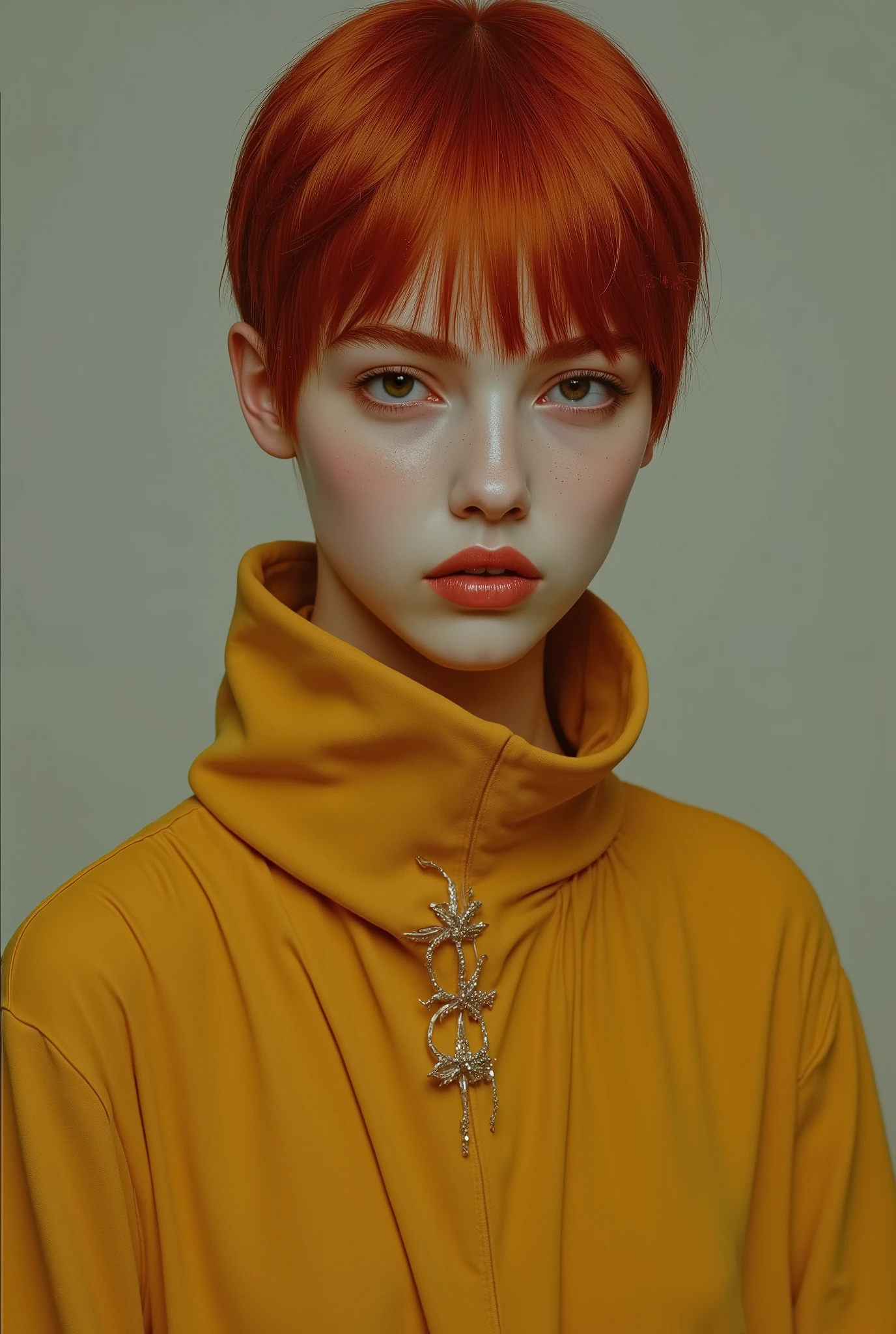 A tall girl with short red hair, black eyes with dark circles and a wide nose. deep yellow turttleneck outfit
