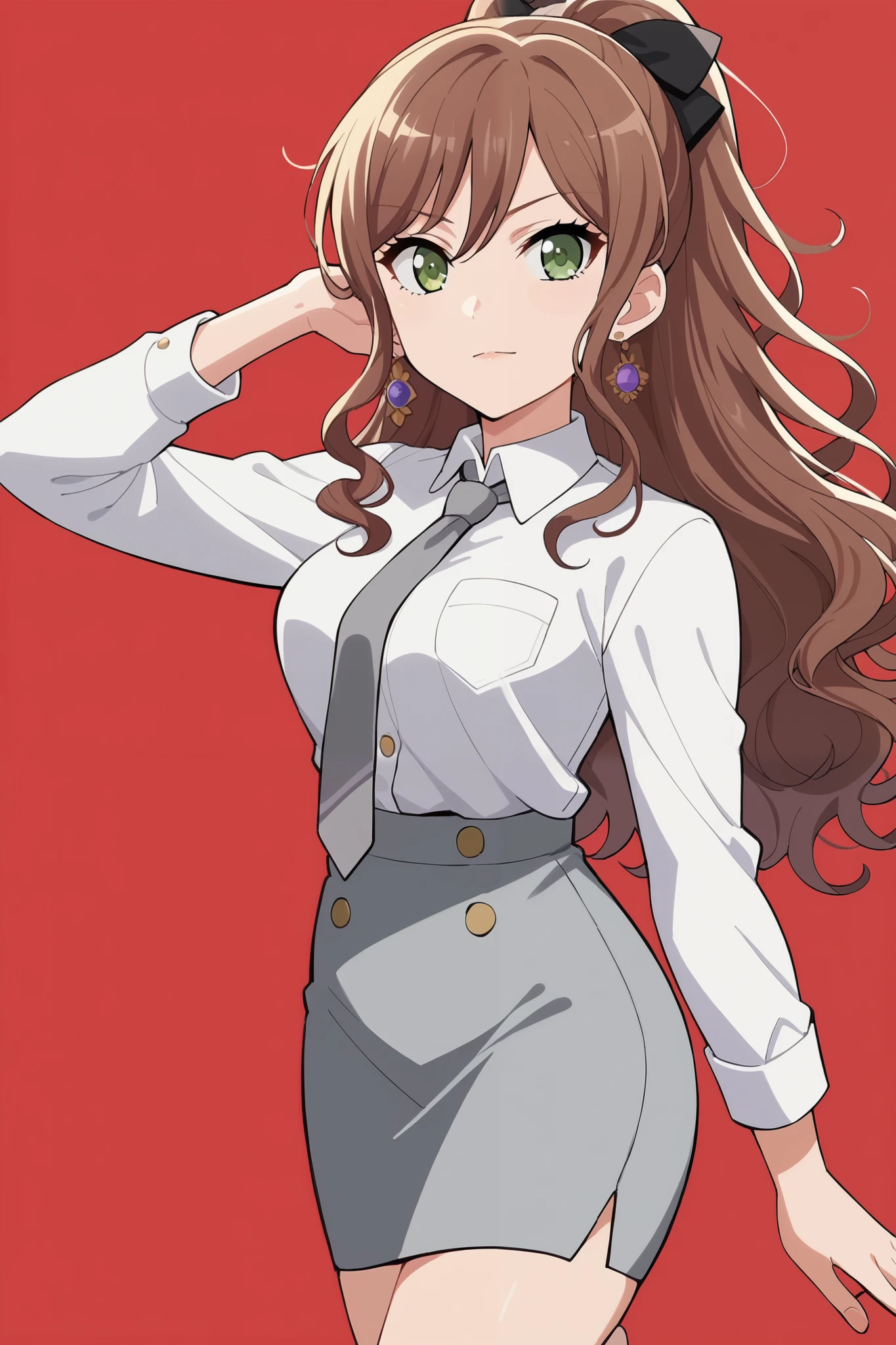 score_9, score_8_up, score_7_up, source_anime,1girl, solo, imai lisa, brown hair, very long hair, curly hair, ponytail, sidelocks, long sidelocks, hair ribbon, black hair ribbon, breasts, medium breasts, white shirt, collared shirt, pocket breasts, necktie, grey necktie, buttons, skirt, grey skirt, pencil skirt, feet out of frame, looking at viewer, simple background, red background, anime coloring, screencap, anime screenshot, absurdres, best quality, masterpiece,, leg hold pose, Underpants