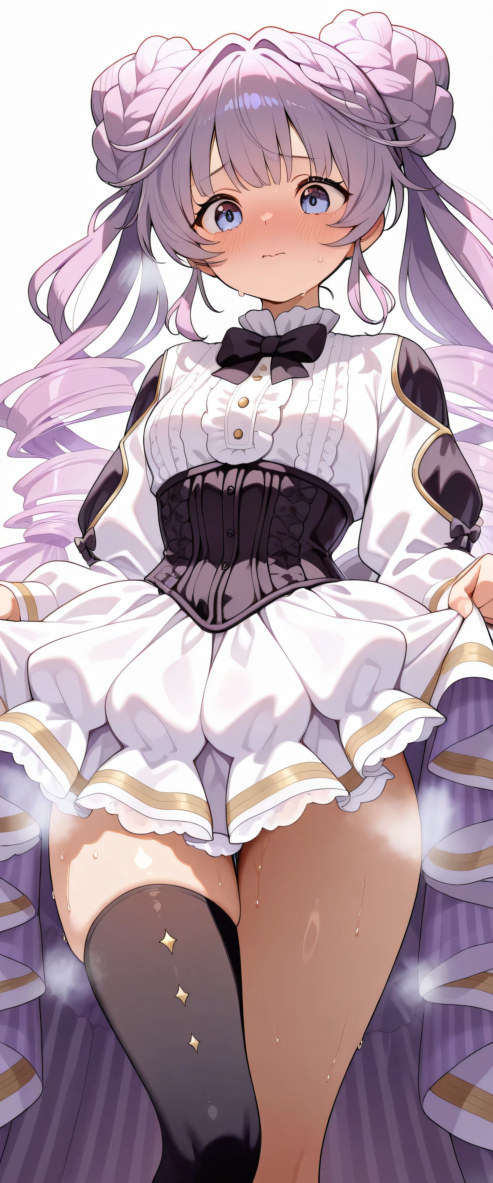 (2 young girls with long hair, Beautiful face and eyes and eyeliner,A delicate little face, pink eyes, Charming smile, (Maid cafe outfit with frilly, Sheer pleated mini skirt:1.5), (Transparent maid cafe costume with large open breasts and hollow:1.2), Sexy transparent underwear,Show belly button, Revealing sexy transparent white panties (very pretty girl), brown hair, Fashion hair accessories quality:1.4), (Extremely detailed),Pendants and earrings、 (Extremely detailed CG unified 8k wallpaper), Very detailed, High-resolution original color photos, Professional photography, Depth of Field, (view from below),