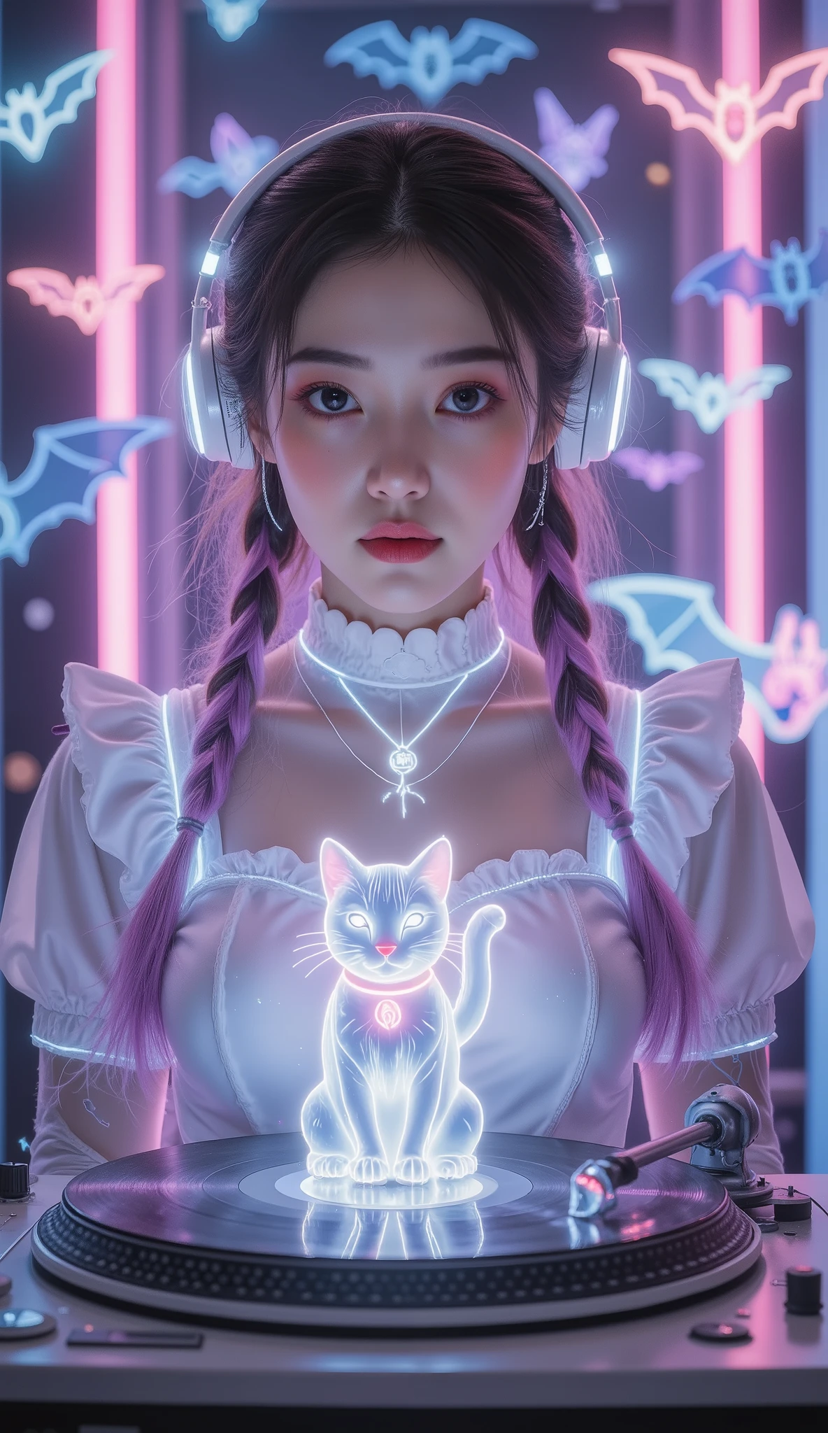 Full Color, (transparency:2.0), Girl's body faces the audience ,She wears light-emitting headphones🎧,穿着女仆装
rest Ultra-realism, Detailed Realistic Skin Textures , detailed intricate textures , Details and Intricate Brushstrokes , Clear details depict , Clear Description , Aesthetic , The girl is wearing a glowing maid outfit ,
Girl with cat, Night club girl at the club , cyberpunk , white purple gradient long braids , Neon holographic transparent cat dancing like a human, rest Neon Art Background, movie lighting effects , transparent light , Mysterious Light Mango , Magic Fog , Careful ,
rest ((Phantom rainbow , holographic)), (詳細で Clear Description , transparency:1.6),女孩的手放在 retro record player / retro record player / On an old record player, glowing cat waving a bat on a vintage record player , girl wearing glowing headphones on a vintage record player:1.2, A neon capital letter appears directly above the background"GGX—DJ ", with three flying little neon bats in the background ,The future is a mixer with various instruments