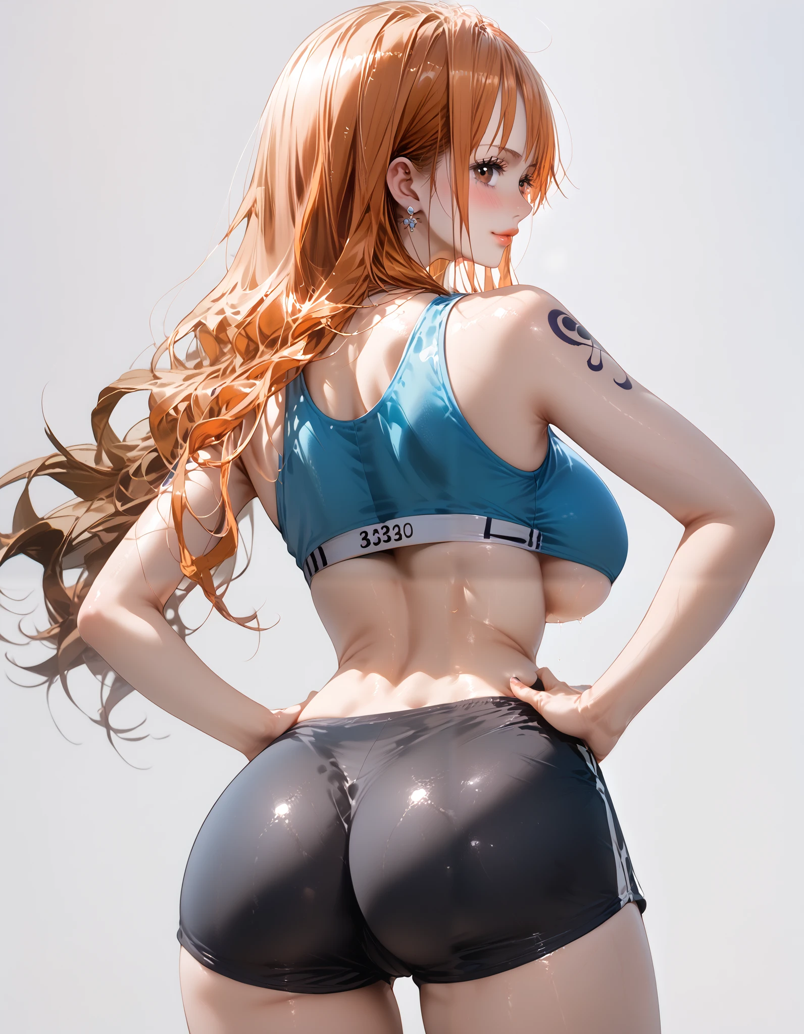aanami, long hair, orange hair, earrings, brown eyes, shoulder tattoo, photorealistic, detailed coloring, anime style, detailed high quality, chromatic aberrations, ultra detailed quality skin, detailed ray tracing lighting, masterpiece、 best quality、masterpiece, high definition , 8K quality, perfect face, 1 girl, beautiful face, beautiful detailed eyes, Alone, very cute face, スレンダー、引き締まったウエスト、美しい顔, smile, (nose blush, hand on hips, cowboy shot, looking back, back shot, leaning forward:1.2), Shiny, skin, red cheek, glossy lips, huge breasts, large butt, looking at viewer, hair slicked back, collarbone, Staring at the viewer, (underboob, sports shorts, sports bra, black clothes, covered nipples), cowboy shot, ass line, sexy pose, sensual expression, sensual pose, blurry background, graceful pose, (white background, gym)