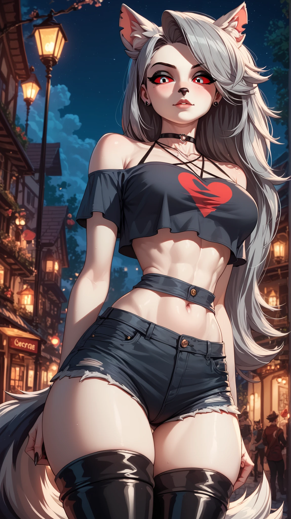 Perfect eyes, perfectly sexy face , extremely detailed, looking at the spectator, red eyes, loona, hazbin hotel, wide hips , animal ear, animal ears , animal nose, tail, shorts brancos, short shorts , thigh boots, short top, apenas_shoulder, Fantasy, night, standing,