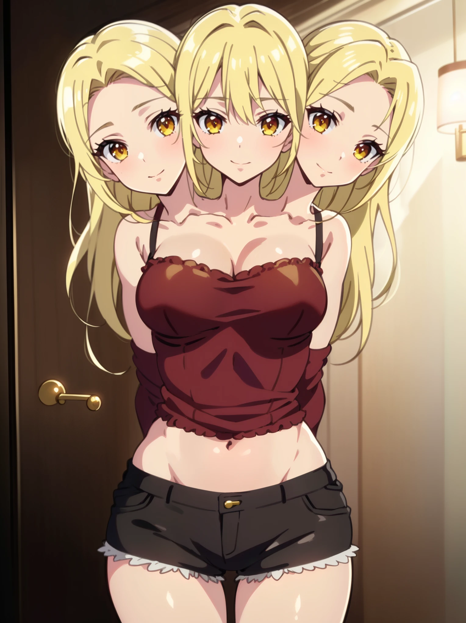 (masterpiece),best quality:1.5, ultra-detailed, high resolution, high quality, 16K, ((3heads:1.5)), ((blonde hair)), (different hair colors), (1girl), conjoined twins, red shirt, gentle smile, ((anime girl with three heads)) anime girl, yellow eyes, shorts, small breasts