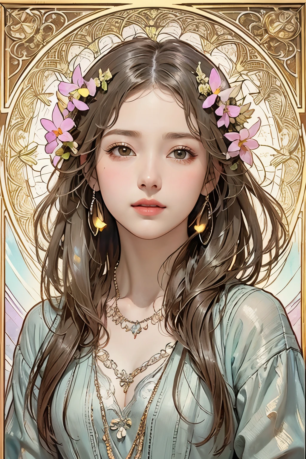 (heavy oil painting of a beautiful woman), rough touch, focus on face, (calm and gentle small smile), (silver-grey medium length hair that is almost straight but loosely curled), small floral hair ornament, (close-up), shiny skin, shiny lips, (casual light pastel sweater for spring), (smart figure), small necklace, beginning of spring, arrival of spring, spring atmosphere, colorful small flowers of spring, vivid and warm spring colors, sunlight, Tyndall effect, young leaves on a tree, use of contour, clean lines, fine details, intricate details, Fibonacci, line drawing, bright and strong primary colors used partially as accents, floral frame, Art Nouveau frame, Art Nouveau-inspired decoration, decorative panel, masterpiece, fine and intricate details, splashes of color, (Alphonse Mucha's compositional style), impressionist style, atmospheric perspective, flying butterflies, hair blowing in the spring breeze, full of bright spring flowers and light, everything sparkling and shining, (let there be light!)

