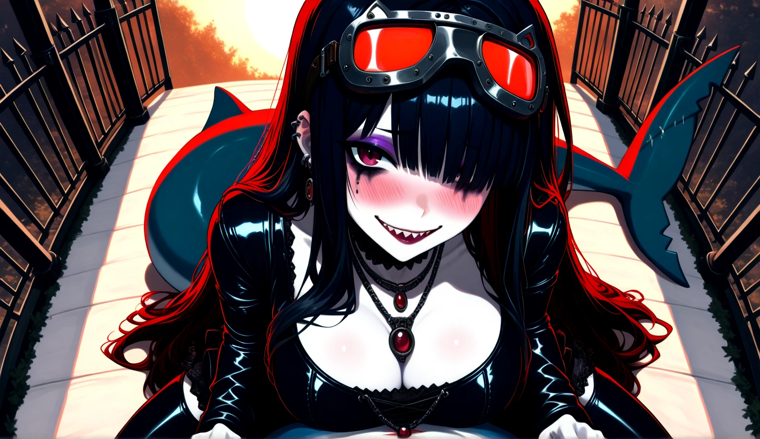 A shark girl , Serrated smile with shark teeth , gothic Shark girl With shark tail and fins , detailed leather dress, heavy iron gate with dark forest behind it, spooky, red glow , With shark tail and fin , Long hair Long hair , And with aviation goggles on his head, Holo-Punk Style, ((best quality)),((masterpiece)),((strikingly beautiful)), mature, 1girl, solo, high quality, masterpiece, skinny, emo, black emo clothing, heavy makeup, purple eyeliner, mascara, eyeshadow, winged eyeliner, blush, lipstick, earrings,
looking at viewer from above, long hair, hair over one eye, hair covering eye, heavy blush, pale skin,
makeup, black hair, long sleeves
straddling, deep blush,
vibrant sunset, blushing, mesh, big necklace, big breasts,