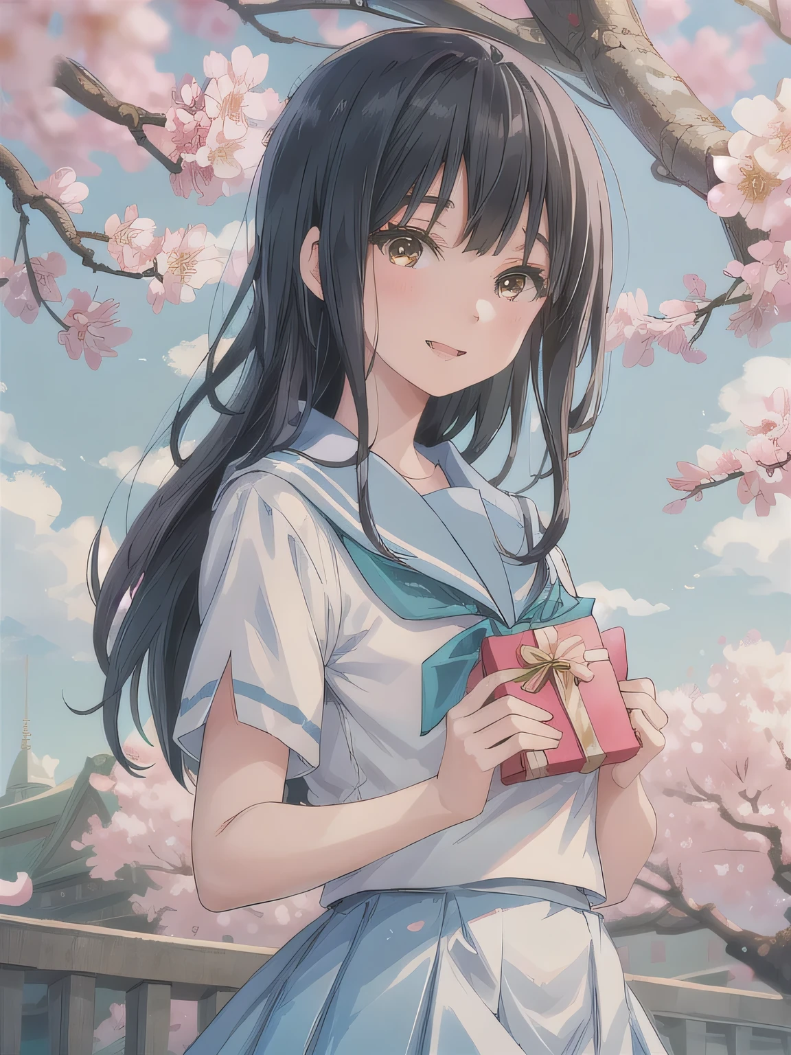 A stunningly beautiful 20-year-old woman stands in a lush green park full of cherry blossoms in full bloom under a clear blue sky. She is wearing a classic sailor uniform and holds a neatly wrapped gift box with a red ribbon in both hands in front of her chest. The box is small, wrapped in decorative paper, and tied with a bow. She looks very happy, with a radiant and joyful expression.A stunningly beautiful 20-year-old woman stands in a lush green park full of cherry blossoms in full bloom under a clear blue sky. She is wearing a classic sailor uniform and holds a neatly wrapped gift box with a red ribbon in both hands in front of her chest. The box is small, wrapped in decorative paper, and tied with a bow. She looks very happy, with a radiant and joyful expression. Black hair, long hair, honey eyes.