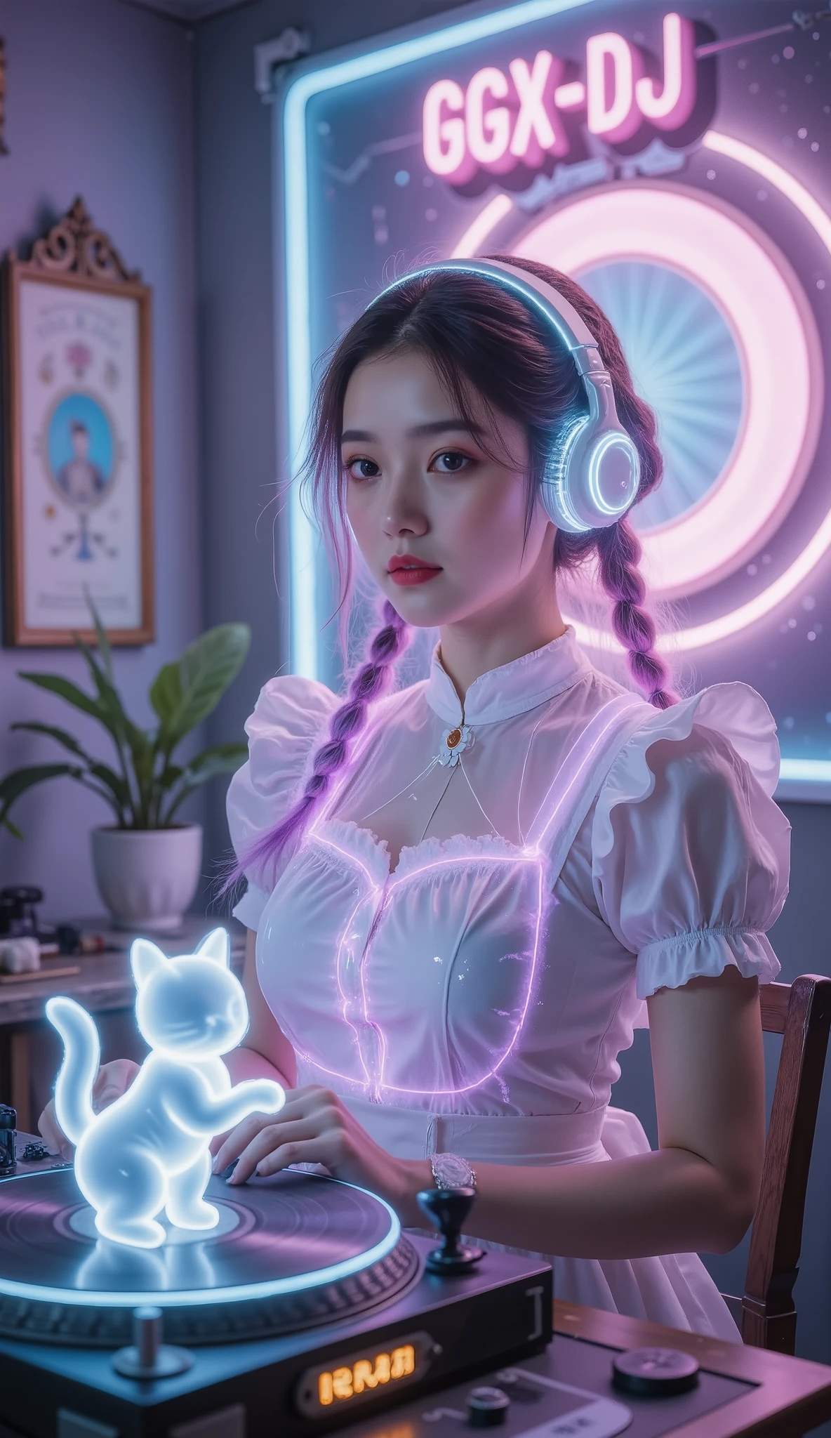 Full Color, (transparency:2.0), Girl's body faces the audience ,She wears light-emitting headphones🎧, wearing a maid costume on the bench,The background wall has a glowing aperture,Close shot,
rest Ultra-realism, Detailed Realistic Skin Textures , detailed intricate textures , Details and Intricate Brushstrokes , Clear details depict , Clear Description , Aesthetic , The girl is wearing a glowing maid outfit ,
Girl with cat, Night club girl at the club , cyberpunk , white purple gradient long braids , Neon holographic transparent cat dancing like a human, rest Neon Art Background, movie lighting effects , transparent light , Mysterious Light Mango , Magic Fog , Careful ,
rest ((Phantom rainbow , holographic)), (詳細で Clear Description , transparency:1.6),The girl's lower body was blocked by a record player returning to work ,她的手放在 retro record player / retro record player / On an old record player, glowing cat waving a bat on a vintage record player , girl wearing glowing headphones on a vintage record player:1.2, A neon capital letter appears directly above the background"GGX—DJ ":1.4, with three flying little neon bats in the background ,The future is a mixer with various instruments
