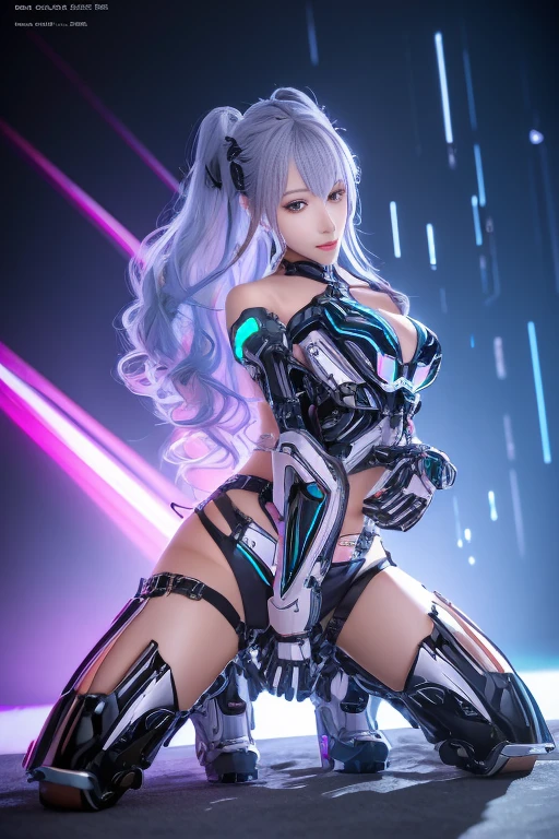 (((RAW image quality:1.4))), {{{masterpiece}}}, {{best image quality}}, {{Super detailed}}, {{8k wallpaper}}, {{perfect anatomy}}, {{High definition and beautiful images, reality, live action, gravure}}, heart shaped face, woman, (((Luminous blue highlights for silver hair:1.4))), white and pink shiny latex leotard, Pink light emitting unit on white mechanism part, knee socks, long gloves, (The costume is made of translucent resin parts., All other clothing is made of resin.), spirit peak, powder snow, Diamond dust, big breasts, cleavage, thighs, shoulder bangs, (large pair of mechanical angel wings, 2 beam cannons on headset ):1.4, Beam gun base on seat, snowy cyberpunk metropolis, Sitting on the roof of a building, (Angle of view above the knee, facing the front, looking at camera), Big city at night,