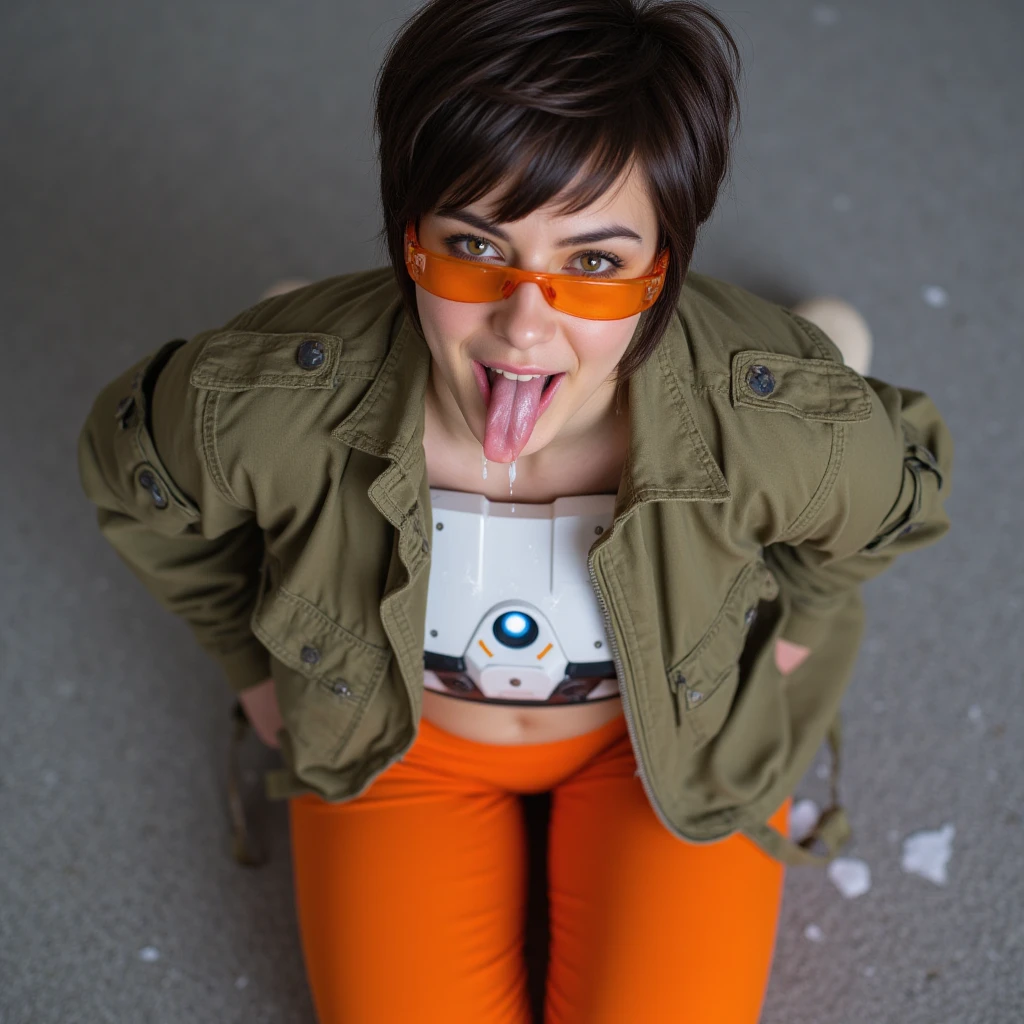 most beautiful Lena Oxton aka Tracer, Overwatch, real life cosplay, 15yo, on her knees, looking up at the camera, (most detailed beautiful half-closed eyes:1.2), slight smirk, passionate, desire, perfect mouth open, in position as if trying to catch raindrops that are not there on her tongue, (tongue covered in very thin runny clear glue, dripping down all over her bare ample chest:1.3), hands behind her back, sticking her breasts out to create a large area for the viewer to aim at, sitting on her feet, (viewer squirting long thin ropes of clear glue across her face and chest from below the field of view:1.3), perfect puffy nipples, shot directly overhead, gorgeous, very cute, most attractive, most arousing, sensual, intimate, alluring, lascivious, appealing, enticing, tempting, cosplay, short dark spiky hair, extremely tight orange yoga pants, olive drab military jacket with many pockets and folded up sleeves, white battle armor over the forearms hands and chest, blue orb shining in the chest armor, very leggy, orange googles, off-white crocs, british facial features, gorgeous, very cute, most detailed hazel eyes, most detailed face