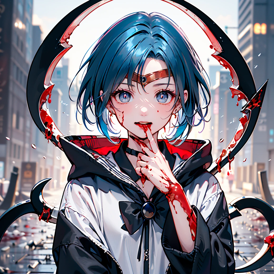 (masterpiece、top-quality、hight resolution)、 full of shyness、Light blue hair、Blue Inner Color、Bob Hair、Star-like eyes、red blush、Wavy mouth、(((Dramatic)))、(((gritty)))、(((vehement))))The poster of the film appears as a central character。She is shy in the center of the poster、Wearing an idol costume、Has a determined look。The background is dark and rough、I feel like I'm drunk。Text is bold and eye-catching、Catchy slogans add to the overall drama and excitement。The color palette is dominated by dark colors.、Bright colors dotted、Make your poster dynamic and visually impactful、Tachi- e(magazine:1.3)、(cover-style:1.3)、Fashionable、with a vibrant、outfits、the pose、the front、colourfull、Dynamic、Background with、element、self-assured、Expressively、ngel、statement、attachment、An majestic、coiled、surroundings、Touch、The scene、Texto、covers、boldface、grab attention、Titles、lo fashion、Font、Catchy、Titles、Large、grab attention、moderno、 Trendy、concentrating、Stylish、1 girl in