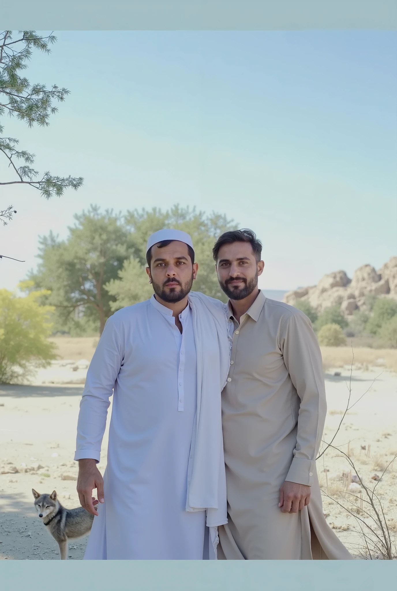 two men standing in a field with a view of a field, with village, in a scenic background, candid picture, in a vast serene landscape, hills in the background, amidst nature, ghutra and egal, with trees, fps view, very accurate photo, photo taken in 2 0 2 0, in desert, in front of a forest background