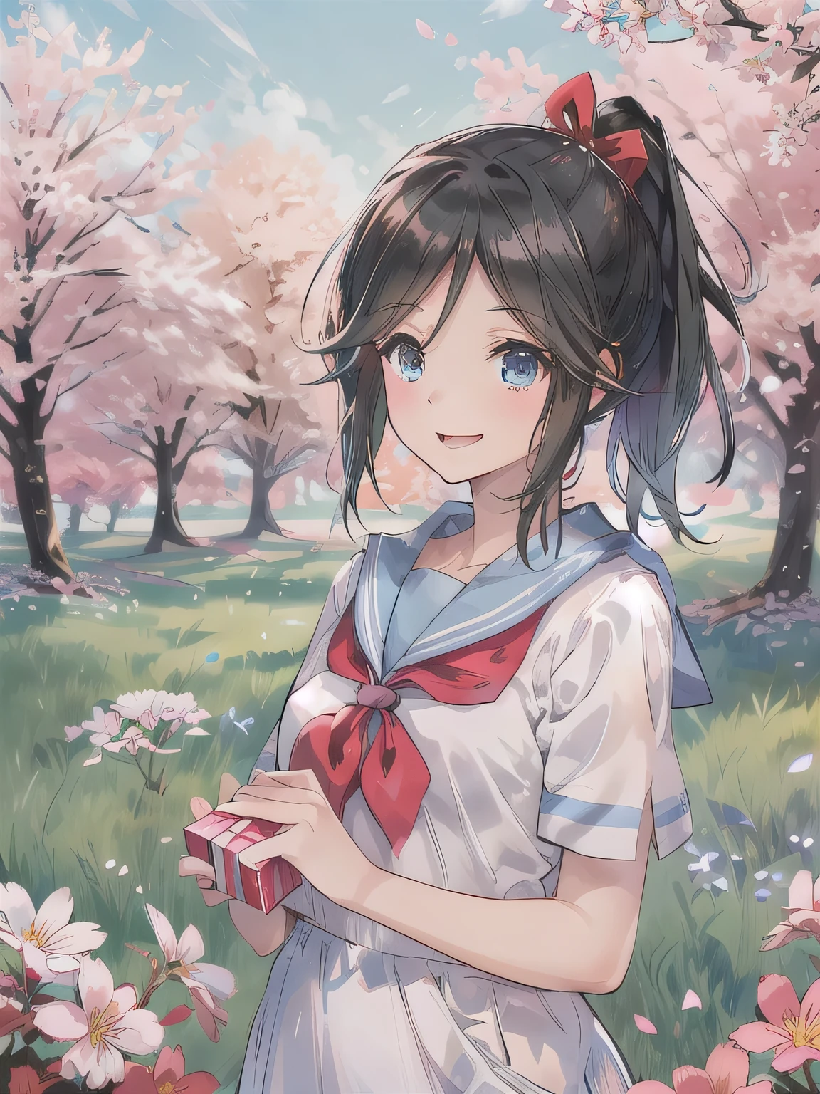 A stunningly beautiful 20-year-old woman stands in a lush green park full of cherry blossoms in full bloom under a clear blue sky. She is wearing a classic sailor uniform and holds a neatly wrapped gift box with a red ribbon in both hands in front of her chest. The box is small, wrapped in decorative paper, and tied with a bow. She looks very happy, with a radiant and joyful expression.A stunningly beautiful 20-year-old woman stands in a lush green park full of cherry blossoms in full bloom under a clear blue sky. She is wearing a classic sailor uniform and holds a neatly wrapped gift box with a red ribbon in both hands in front of her chest. The box is small, wrapped in decorative paper, and tied with a bow. She looks very happy, with a radiant and joyful expression. Blue eyes, ponytail, black hair.