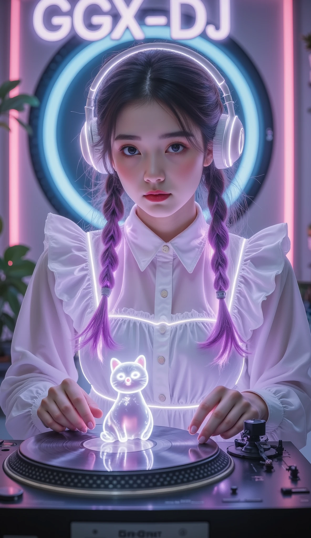Full Color, (transparency:2.0), Girl's body faces the audience ,She wears light-emitting headphones🎧, wearing a maid costume on the bench,The background wall has a glowing aperture,Close shot,
rest Ultra-realism, Detailed Realistic Skin Textures , detailed intricate textures , Details and Intricate Brushstrokes , Clear details depict , Clear Description , Aesthetic , The girl is wearing a glowing maid outfit ,
Girl with cat, Night club girl at the club , cyberpunk , white purple gradient long braids , Neon holographic transparent cat dancing like a human, rest Neon Art Background, movie lighting effects , transparent light , Mysterious Light Mango , Magic Fog , Careful ,
rest ((Phantom rainbow , holographic)), (詳細で Clear Description , transparency:1.6),The girl's lower body was blocked by a record player returning to work ,她的手放在 retro record player / retro record player / On an old record player, glowing cat waving a bat on a vintage record player , girl wearing glowing headphones on a vintage record player:1.2, A neon capital letter appears directly above the background"GGX—DJ ":1.4, with three flying little neon bats in the background ,The future is a mixer with various instruments