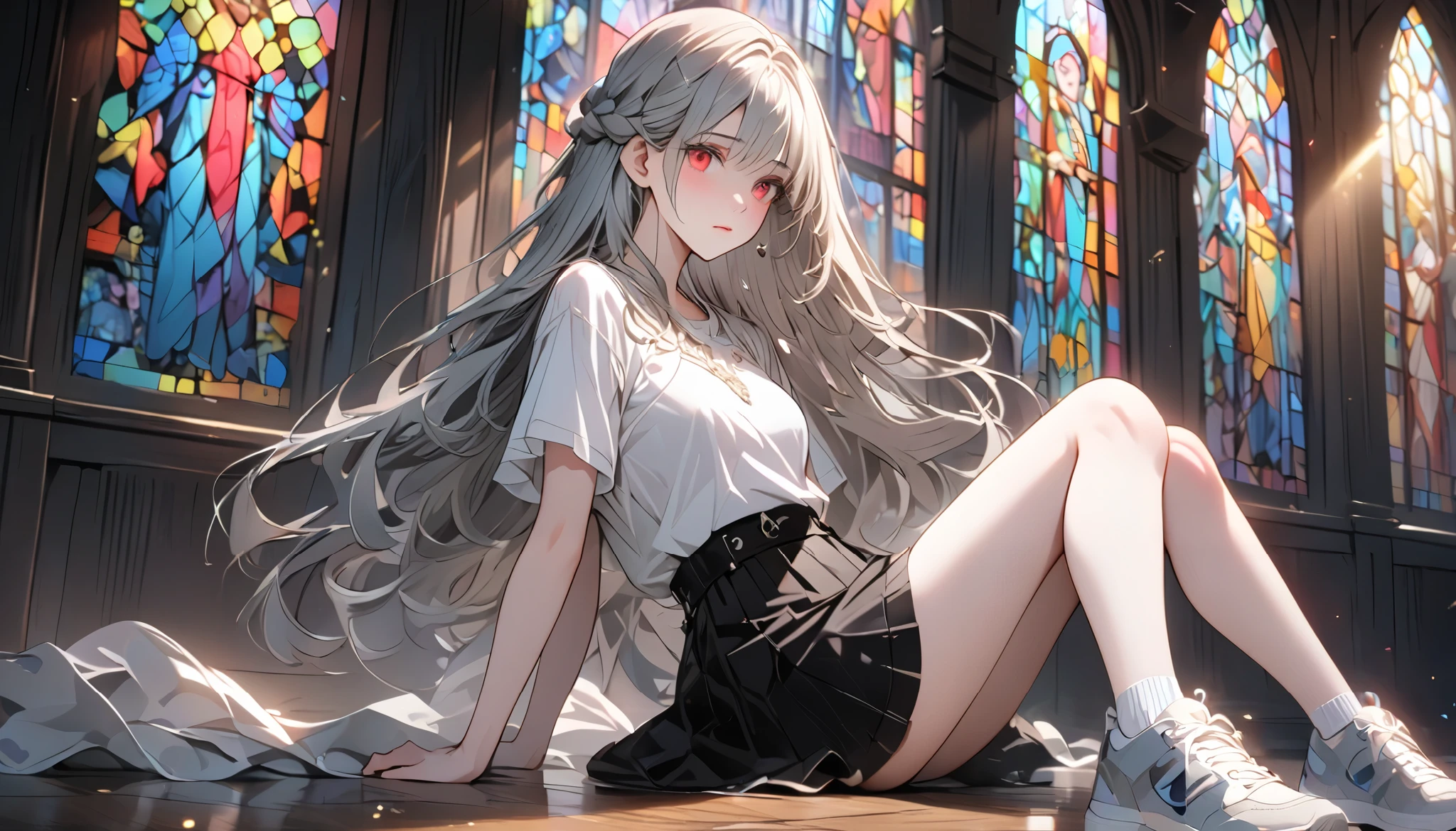 A young woman in a miniskirt is in a dance hall. Cinderella-esque, the scene is bathed in light coming from stained glass. She holds the cold air with a pensive expression, feeling both anxiety and strength. An atmosphere of quiet reflection and hope hangs over her. There is an expression of determination on her face. The soft and delicate shading gives a sense of inner strength amidst uncertainty. The scene conveys a sense of inner conflict and introspection, highlighting doubts and anxieties. Highly detailedElegant and detailed, adding a dramatic and symbolic element to the scene, deep borders, bokeh, smooth textures, ultra detailed, high resolution, ultra detailed, (best quality, 16K, high resolution, masterpiece), subtle colors, vibrant colors, professional lighting, beautiful details with little projection, long hair, silver-haired woman, pale skin, red eyes, miniskirt, sneakers, full body