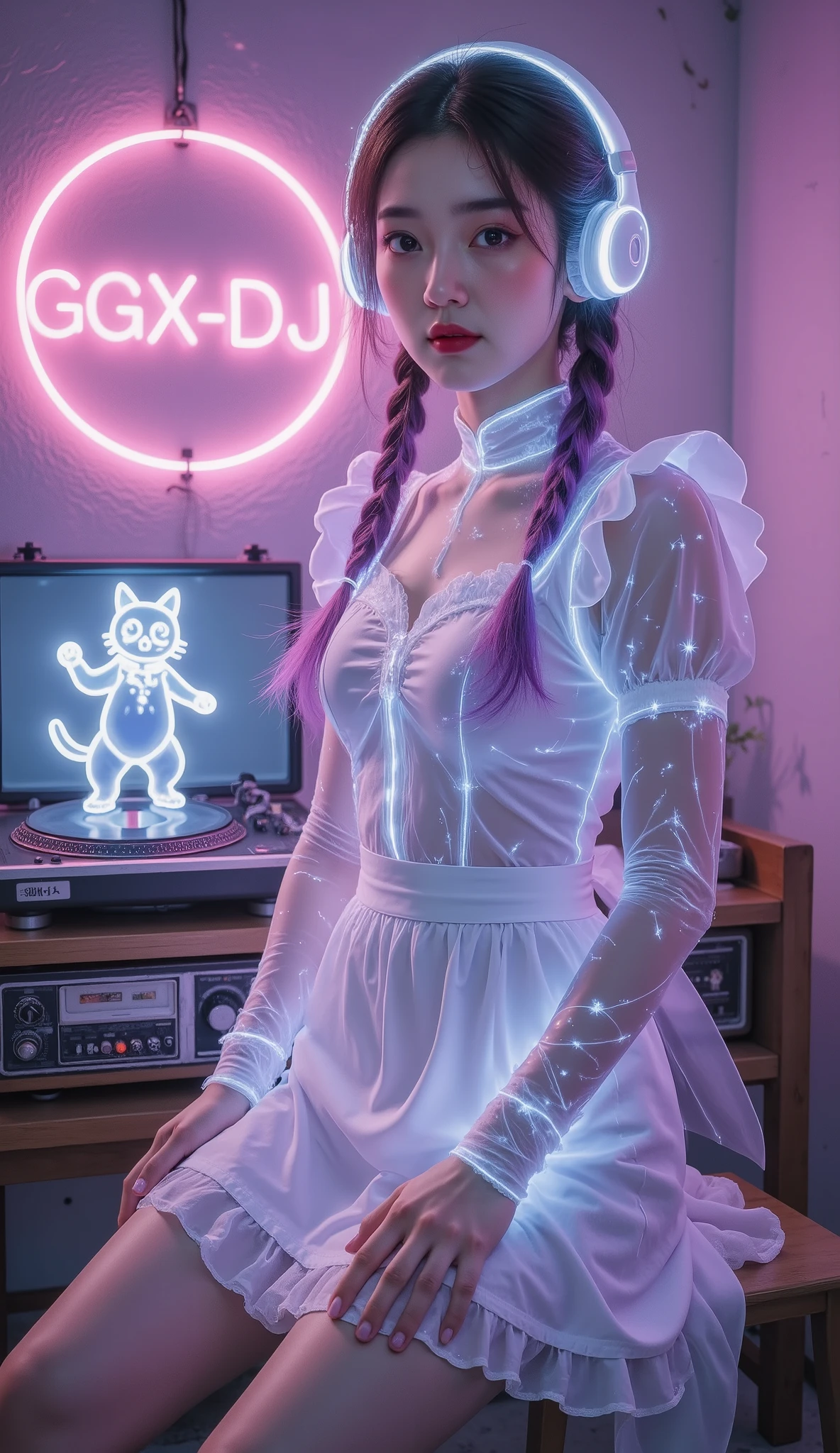 Full Color, (transparency:2.0), Girl's body faces the audience ，She wears light-emitting headphones🎧， wearing a maid costume on the bench，The background wall has a glowing aperture，Close shot，
rest Ultra-realism,   Detailed Realistic Skin Textures ,    detailed intricate textures   ,   Details and Intricate Brushstrokes  , Clear details depict ,  Clear Description , Aesthetic  , The girl is wearing a glowing maid outfit ，
Girl with cat,  Night club girl at the club  ,   cyberpunk ,   white purple gradient long braids  , Neon holographic transparent cat dancing like a human, rest Neon Art Background,   movie lighting effects  ,   transparent light  ,  Mysterious Light Mango ,  Magic Fog , Careful , 
rest ((Phantom rainbow  , holographic)), (詳細で Clear Description , transparency:1.6),The girl's lower body was blocked by a record player returning to work ，她的手放在 retro record player / retro record player / On an old record player， glowing cat waving a bat on a vintage record player ， girl wearing glowing headphones on a vintage record player：1.2， A neon capital letter appears directly above the background"GGX—DJ "：1.4， with three flying little neon bats in the background ，The future is a mixer with various instruments