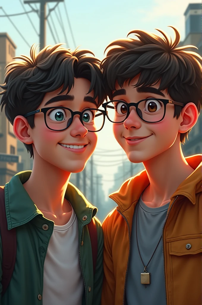 15 year old boy, dark brown skin, Large black lenses with green details, slightly fat, wavy brown hair, brown eye pupil. Standing next to light-skinned, brown-haired boy with less wavy hair wearing glasses, but more rectangular. Photo with movie title, saying Juandabi