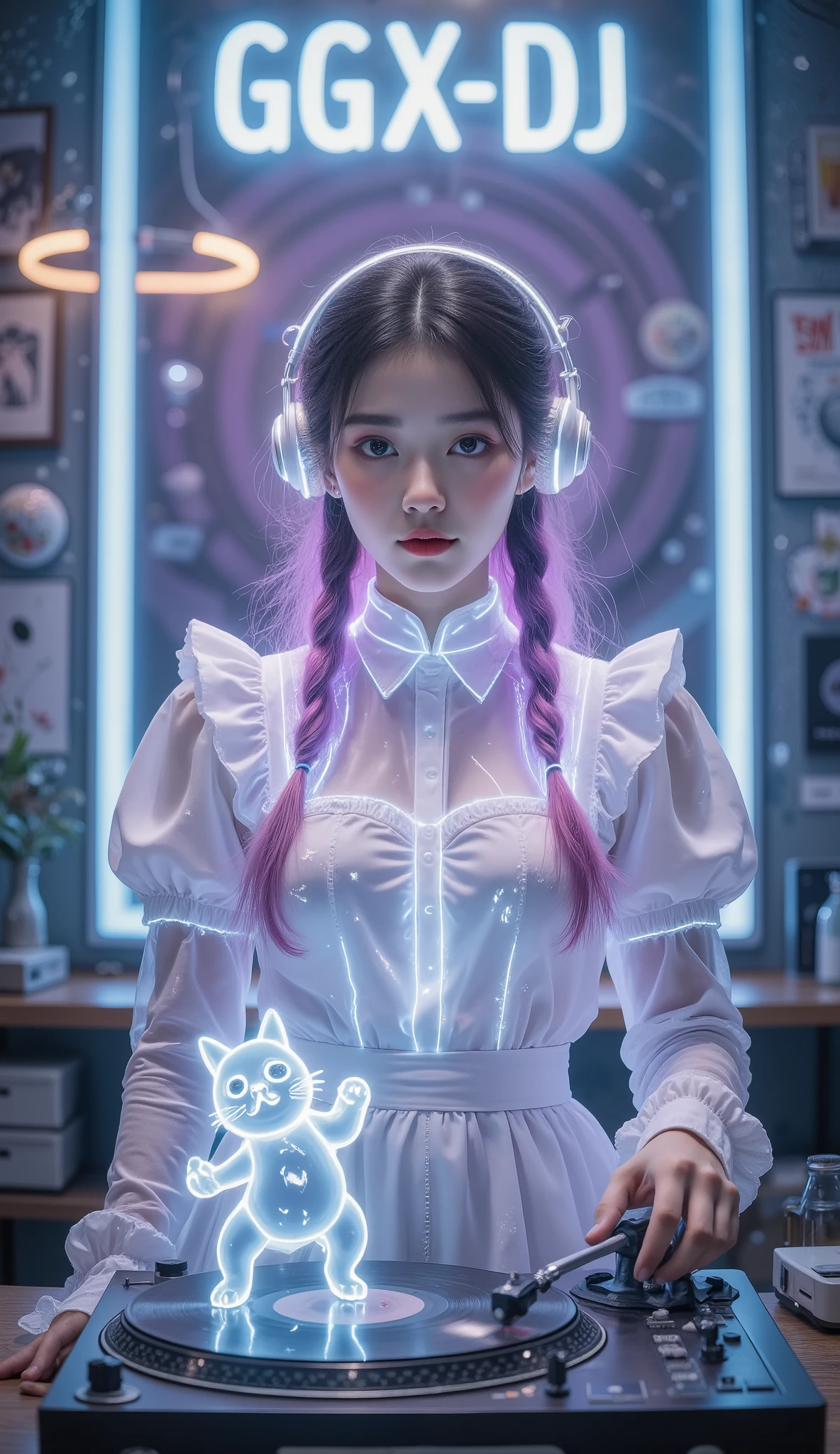 Full Color, (transparency:2.0), Girl's body faces the audience ,She wears light-emitting headphones🎧, wearing a maid costume on the bench,The background wall has a glowing aperture,Close shot,
rest Ultra-realism, Detailed Realistic Skin Textures , detailed intricate textures , Details and Intricate Brushstrokes , Clear details depict , Clear Description , Aesthetic , The girl is wearing a glowing maid outfit ,
Girl with cat, Night club girl at the club , cyberpunk , white purple gradient long braids , Neon holographic transparent cat dancing like a human, rest Neon Art Background, movie lighting effects , transparent light , Mysterious Light Mango , Magic Fog , Careful ,
rest ((Phantom rainbow , holographic)), (詳細で Clear Description , transparency:1.6),The girl's lower body was blocked by a record player returning to work ,她的手放在 retro record player / retro record player / On an old record player, glowing cat waving a bat on a vintage record player , girl wearing glowing headphones on a vintage record player:1.2, A neon capital letter appears directly above the background"GGX—DJ ":1.4, with three flying little neon bats in the background ,The future is a mixer with various instruments