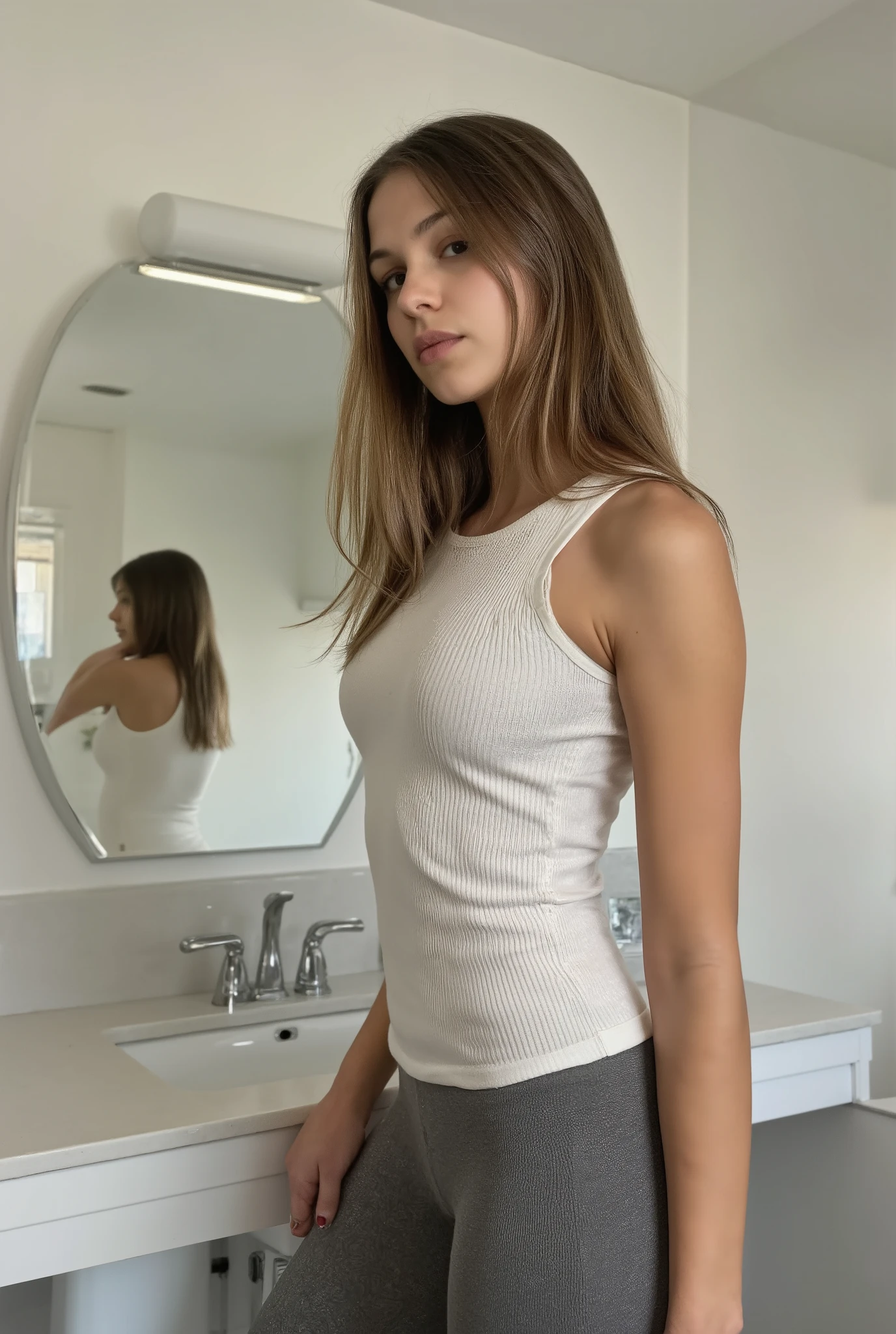 A stunning young woman with long dark blonde hair stands in her modern bathroom, captured from an over-the-shoulder angle. She looks into the mirror with a soft expression, her tight white tank top and form-fitting grey leggings highlighted in the reflection. The clean, minimalistic bathroom and soft natural lighting create a serene and polished atmosphere. 8K HD, photorealistic, cinematic composition, ultra-high resolution.