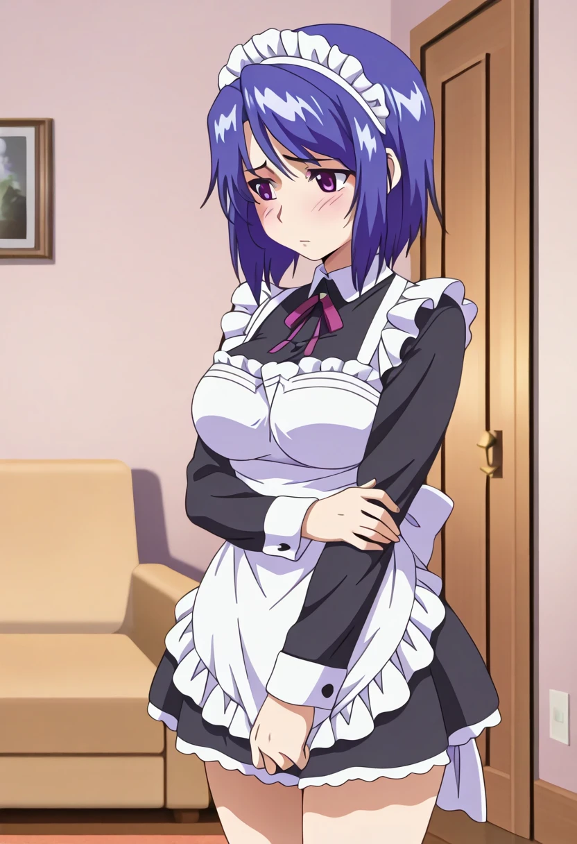 masterpiece, best quality, 1 girl, hoshizuki kaede, purple hair, breasts, blush, short hair, open mouth, blue eyes, thighhighs, dress, cleavage, medium breasts, short sleeves, frills, choker, puffy sleeves, black thighhighs, apron, puffy short sleeves, zettai ryouiki, wrist cuffs, maid, maid headdress, white apron, maid apron