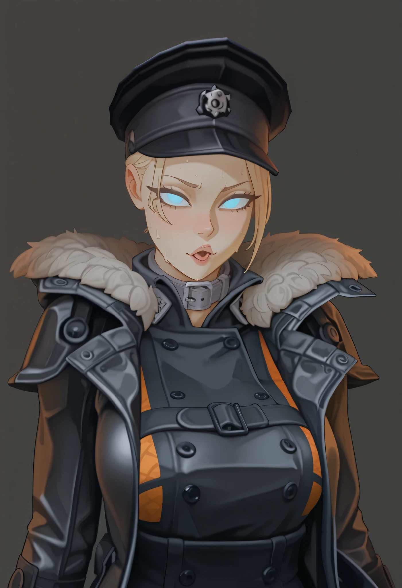 1girl, (testgirl), blonde hair, micro fringe, small empty forehead, light blue eyes,leaning into the viewer's, ((a stern face)), ((shadowed eyes)) , stern gaze, beautiful eyes, (black raincoat),short gray fur collar, ((gray collar)), (black cap) , masterpiece, best quality, amazing quality, contrast, (upper body waist-length), Man Pink Hair Naked Sweat French Kiss