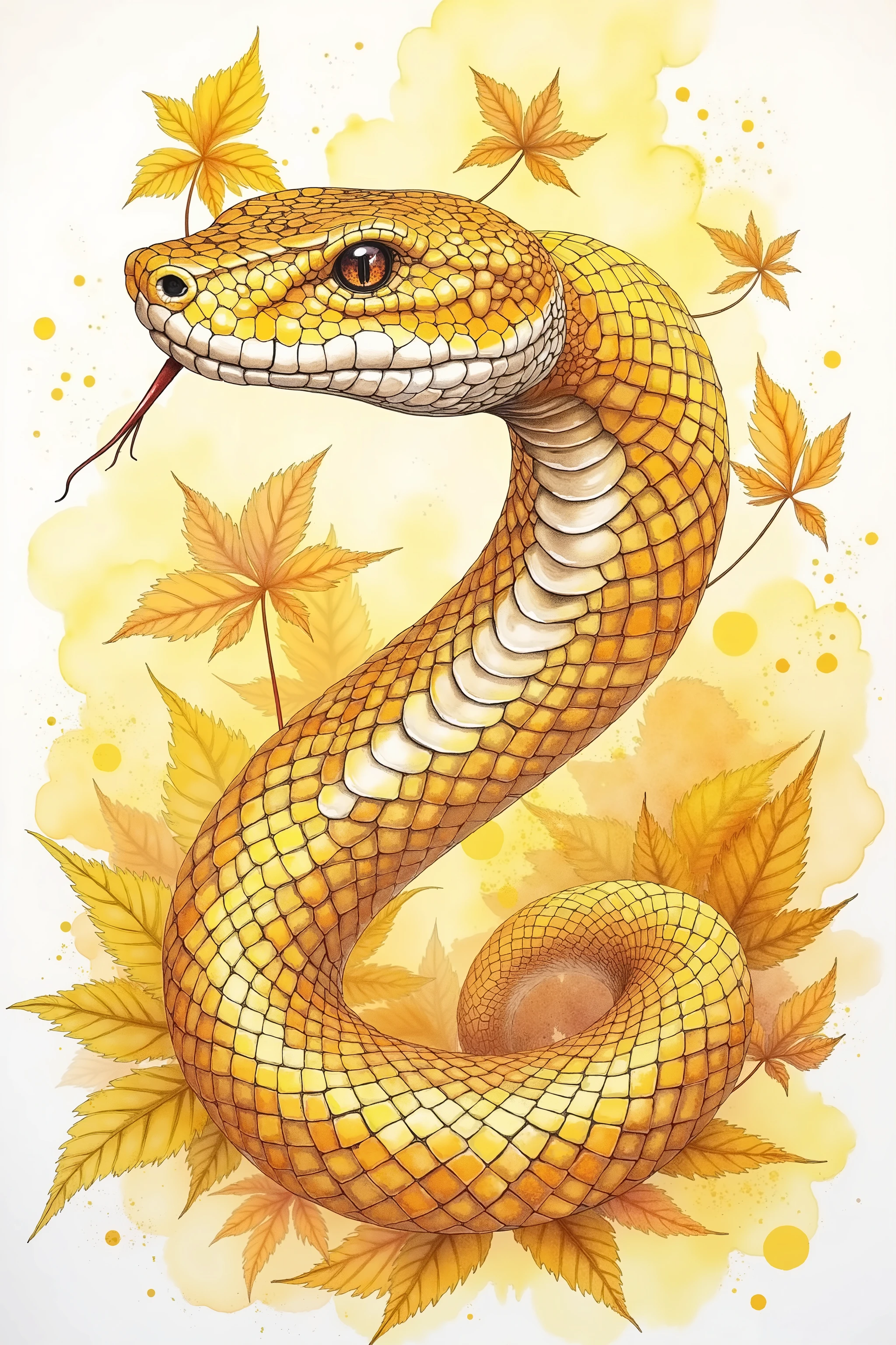 ink watercolor painting of a golden snake, yellow leaves in background, color splashing, pastel coloring, intricate detailed