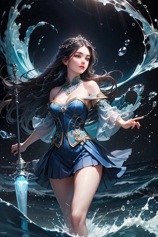 "Create an ultra-realistic image of a beautiful 21-year-old girl holding a magical staff that radiates the essence of water. She should be dressed in an elegant, dark blue shaded outfit that reflects her deep connection to the element of water. Surround her with elements of water, such as cascading waves, shimmering droplets, and serene reflections, to showcase her mastery over this element. Include a distinct water symbol on her body, signifying her role as the keeper of water and illustrating the powerful, fluid energy of water she possesses within her."