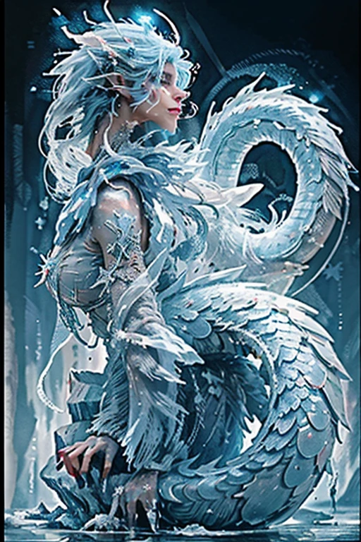A woman in a white dress holding a crystal ball with a dragon on it, Low - Angle,BREAK, (((White Dragon))),Chinese Dragon,Realistic sparkling blue eyes,Sharpened wisdom and mystery,A presence that resonates with all five senses,Glass gloss,High gloss,Bluecon Pink,Cyan,red,White Cloud Magic,BREAK, ファンタジーDragon Art,Immersion,Fascinating work,ross tran and artgerm, Dragon Art, Lostrun 8k, ArtJam detailed