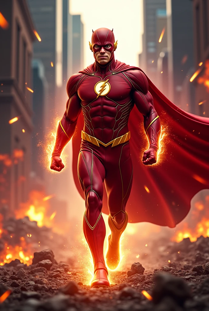 The son of Flash and Supergirl, adult, with a fused suit of both superheroes, and with a cape, rubio





