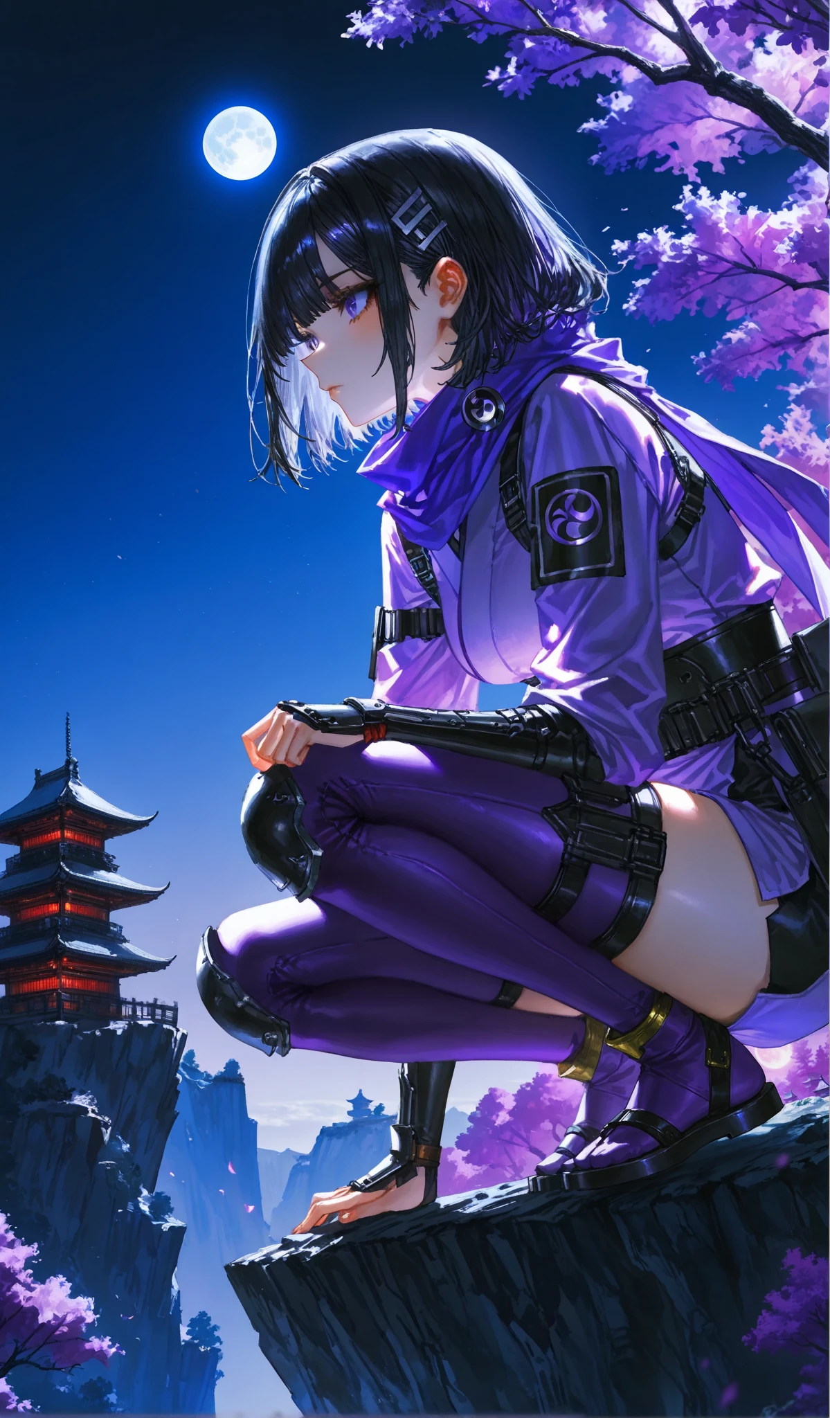 1girls, purple clothing, close-up, squatting, side composition, Japanese castle wall, black hair, ninja outfit, scarf, on cliff, cliff,solo, looking at castle,full moon, tree, [lam:0.33,quasarcake:0.126], looking another, sitting, masterpiece, best quality, ultra detailed,moon light, realistic  lighting