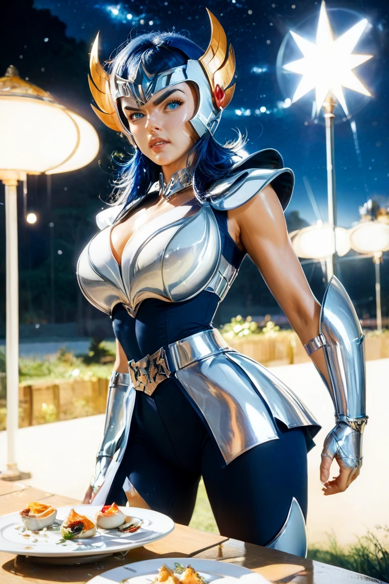 ((best quality)), ((masterpiece)), (ultra detailed lights), ((full body shot)), indonesian girl, extremely beautiful, ultra face details, 20 years old, ((blue curvy-hair)), ((hair blown by strong winds :1.3)), Award-winning photograph, photography of a teen girl, slim face, extremely beautiful, ultra details armor, ultra details skin, sharp armor texture, crisp picture, ((full make ups)), ((pink blushing)), ((red lips)), ((wearing tight steel-armor)), ((full body armor)), ((tight latex panty)), ((thighs armor)), ((slim body shape)), ((24k-gold and black armor)), no head cover, ((symmetrical body pose)), model posing in the middle, night at beach, full of stars, red clouds, nebula, ((aurora borealis)), shooting stars, from below