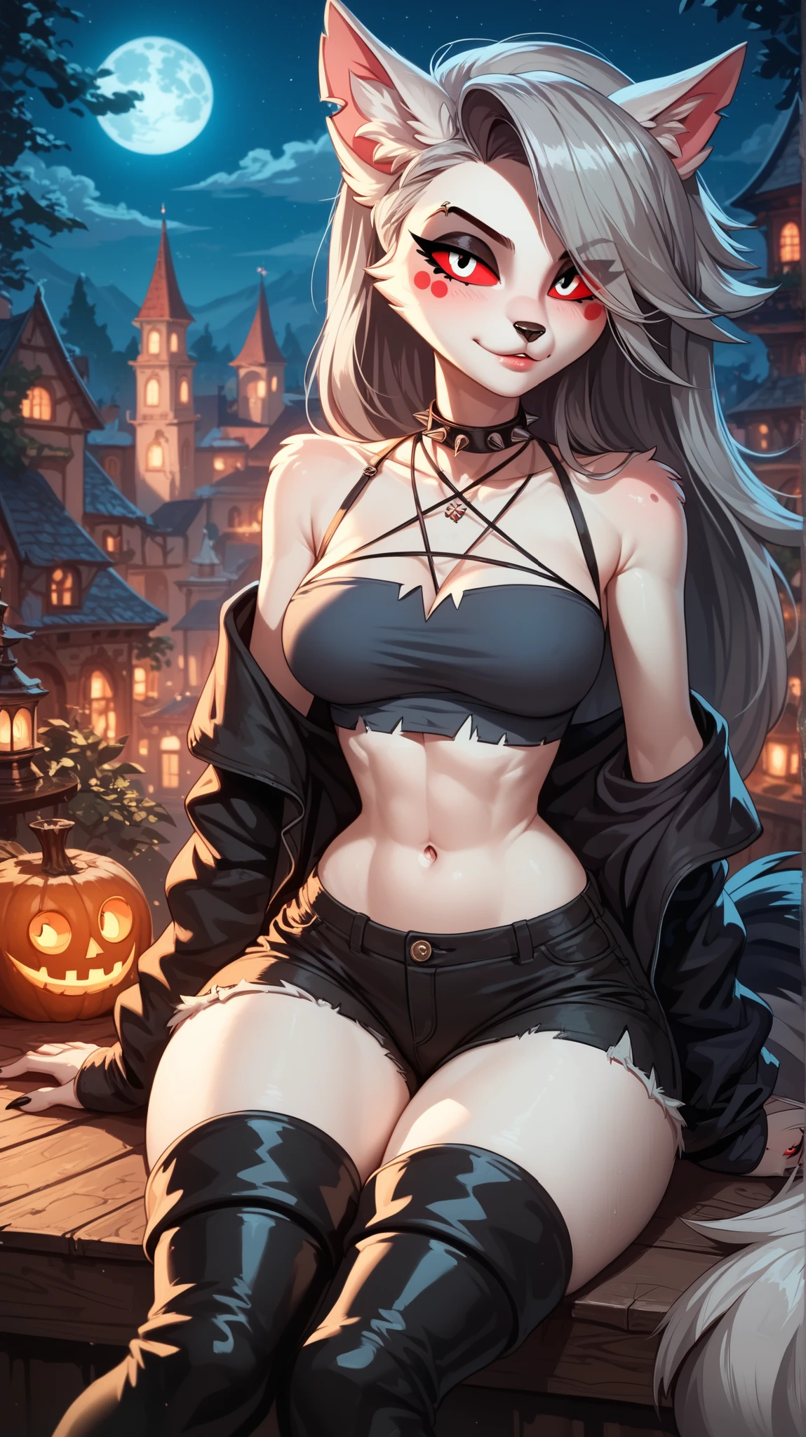 1 girl, Perfect eyes, perfectly sexy face , extremely detailed, looking at the spectator, red eyes, loona, hazbin hotel, wide hips , animal ear, animal ears , animal nose, tail, shorts brancos, short shorts , thigh boots, short top, apenas_shoulder, Fantasy, night, sitting,