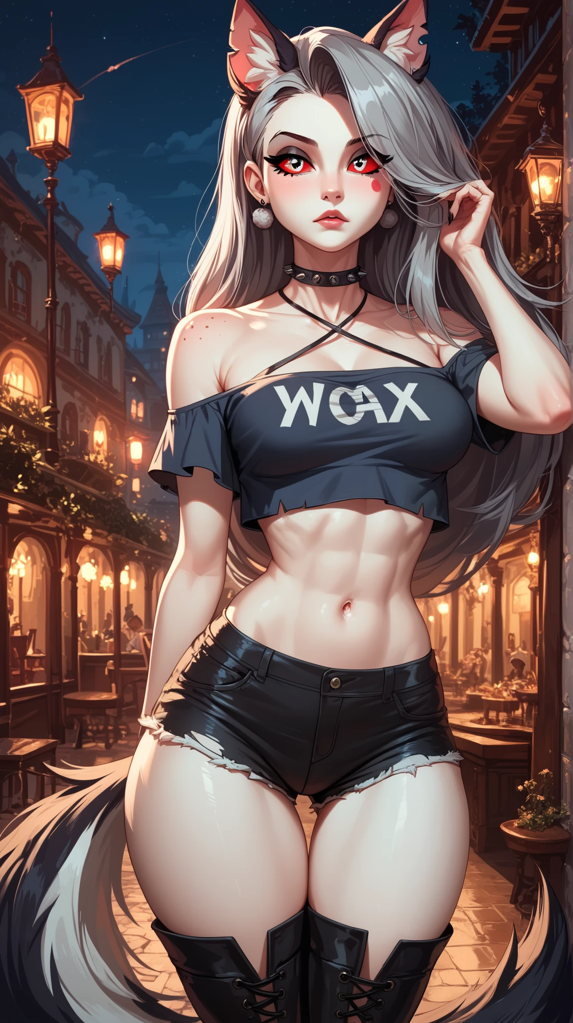 1 girl, Perfect eyes, perfectly sexy face , extremely detailed, looking at the spectator, red eyes, loona, hazbin hotel, wide hips , animal ear, animal ears , animal nose, tail, shorts brancos, short shorts , thigh boots, short top, apenas_shoulder, Fantasy, night, standing,