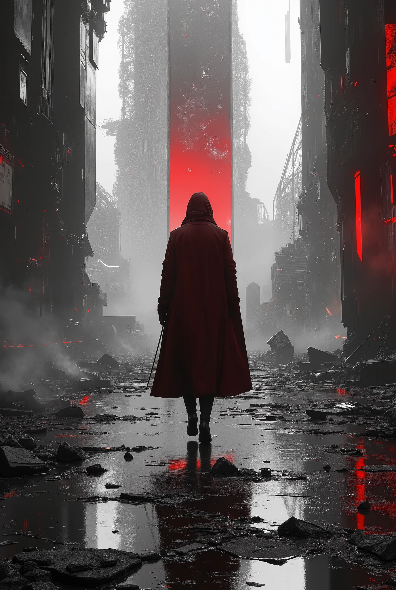 A mysterious lone figure wearing a red long coat, silhouette style, walking forward. Cyberpunk aesthetic, futuristic dystopian world, shattered mirror ground, surreal background. High contrast color scheme with black and white dominance, enhanced with vivid red elements. Wide-angle shot, low perspective, deep depth of field. The atmosphere is solitary, enigmatic, futuristic, and dreamlike. Abstract art, cyberpunk, futuristic sci-fi, concept art. Reflective glass surfaces, fragmented space, sharp geometric lines