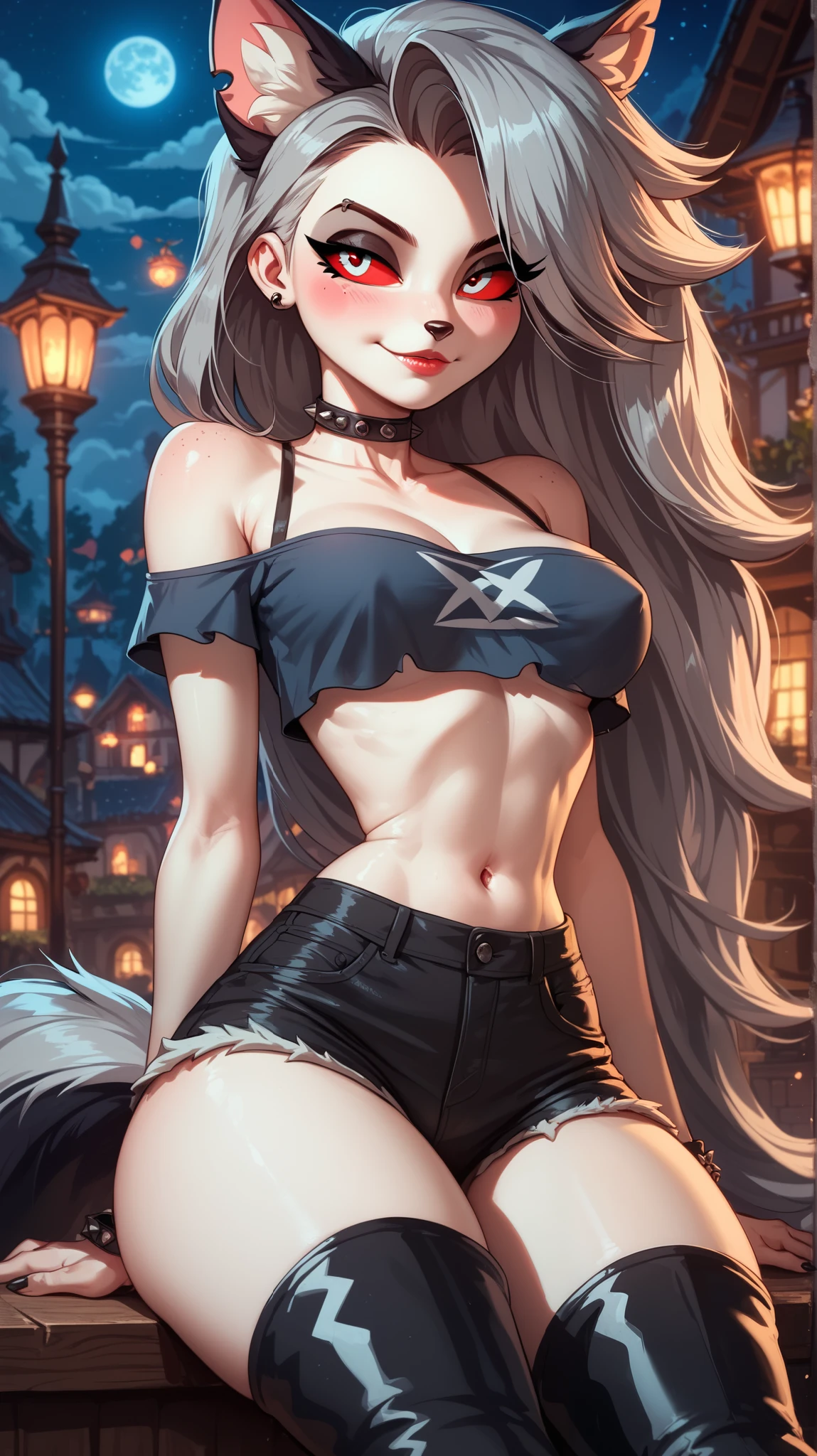 Perfect eyes, perfectly sexy face , extremely detailed, looking at the spectator, red eyes, loona, hazbin hotel, wide hips , animal ear, animal ears , animal nose, tail, shorts brancos, short shorts , thigh boots, short top, apenas_shoulder, Fantasy, night, sitting,