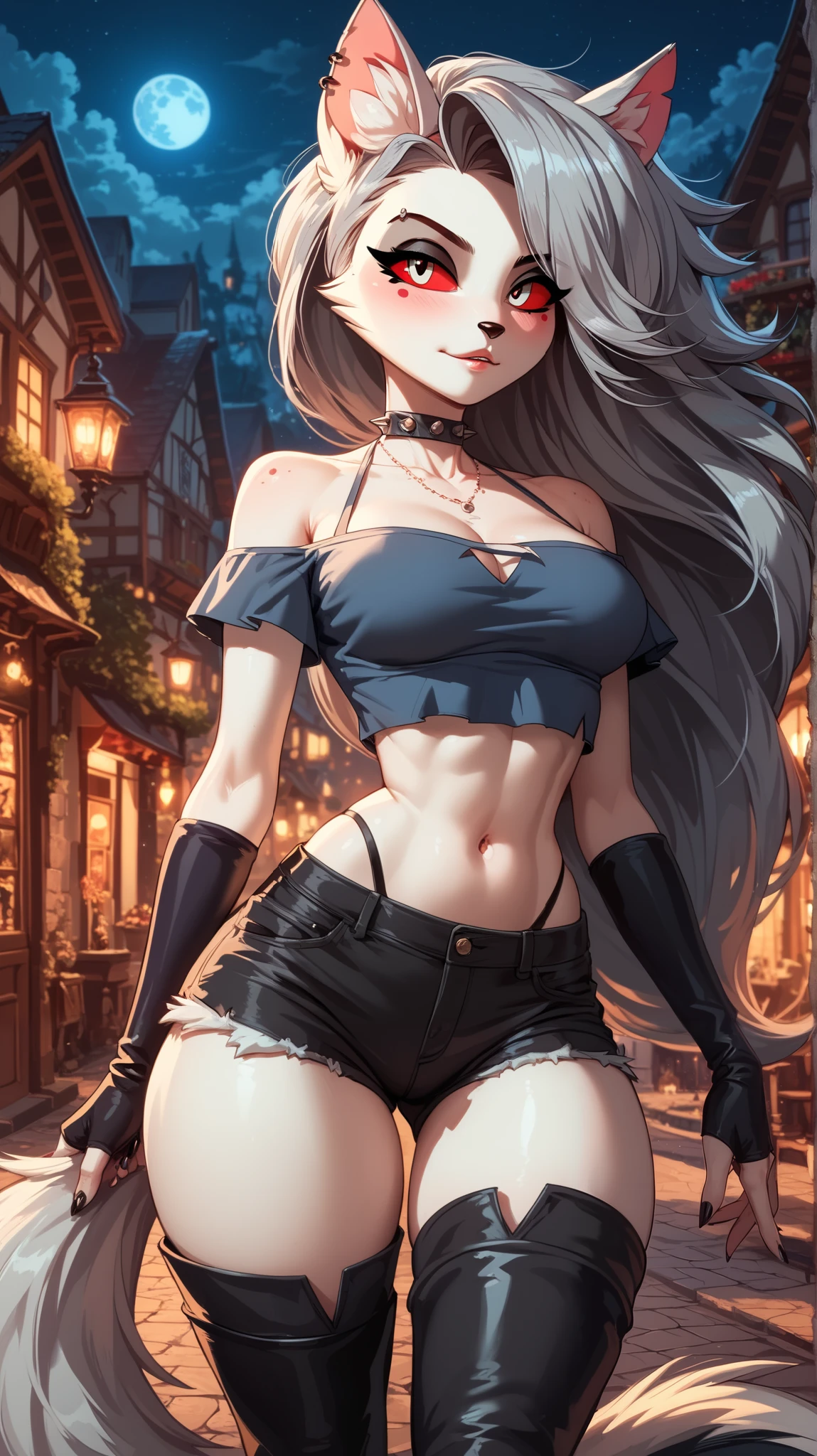 Perfect eyes, perfectly sexy face , extremely detailed, looking at the spectator, red eyes, loona, hazbin hotel, wide hips , animal ear, animal ears , animal nose, tail, shorts brancos, short shorts , thigh boots, short top, apenas_shoulder, Fantasy, night, standing,