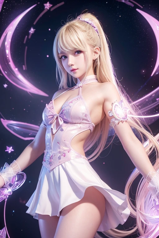 masterpiece, highest quality, High resolution, SV1, One Girl, Large Breasts,alone,Purple Bikini, purple garter belt,blonde, Magical girl, (blue eyes:0.8),, - Elbow hand pockets, tiara, Hair Bow, mini skirt, choker,choker, White gloves, Very long hair, jewelry, Earrings, whole body, (Cat stance),