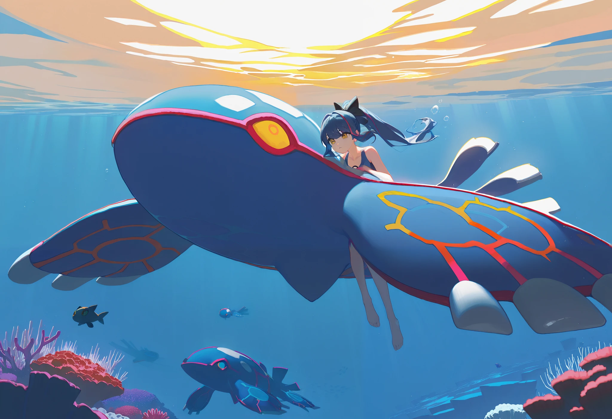 artist:ciloranko,artist:modare,artist:diyokama, astero, scenery, pokemon \(creature\),
best quality, amazing quality, very aesthetic, absurdres, best quality, masterpiece, newest,
underwater,
1girl, Yellow eyes, dark blue hair, sidelocks, blue streaked hair, long hair, high ponytail, hair bow, black bow, swimming, one-piece swimsuit, full body, barefoot, solo, Kyogre, tropical sea, coral reef, various water Pokemon, clear and bright ocean atmosphere, sunlight filtering through water, vibrant colors, Cinematic Lighting, light particles, bubbles