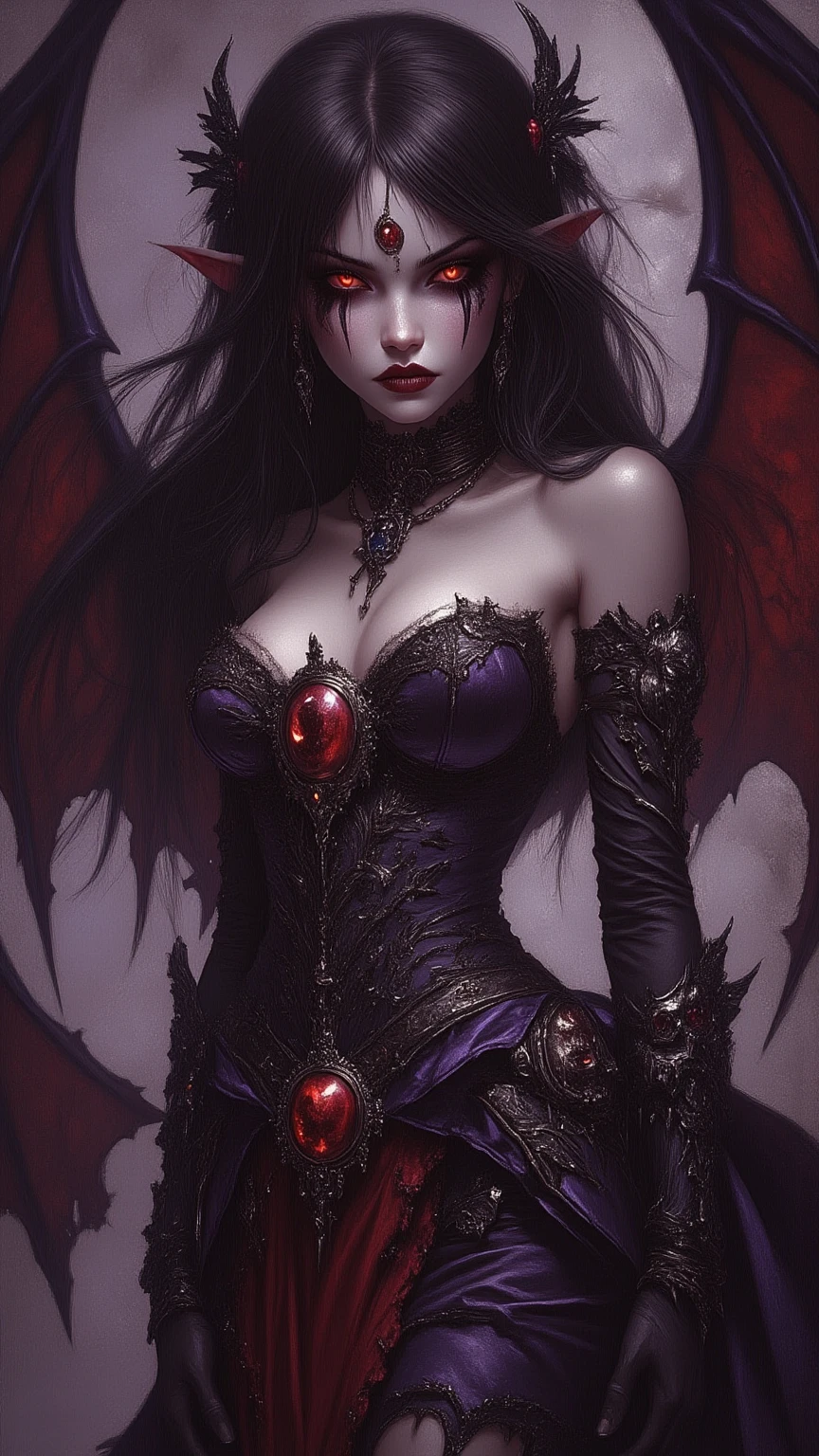 (masterpiece), (unrivalled quality:1.4), ultra-high resolution, [:velvet textures:0.2], hyperrealistic, dark fantasy portrait, 1 woman, adult (succubus:0.7) with a sly smirk, hypnotic ruby red eyes, raven-black hair cascading in waves, solo, detailed face with mouth wide open, (cavernous underworld theme:1.1) (demonic wings:1.05), personified forbidden temptation, allure, power, darkness, succubus mythology symbolism, firelight, glow, rich purples and reds, symmetry, obsidian, foreboding cavern background, otherworldly infernal atmosphere,