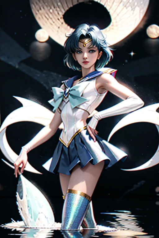 (ultra realistic,32k, masterpiece:1.2),(high detailed skin:1.1),( high quality:1.1),
EPsmSailorMercury, short hair, blue hair, (blue eyes:0.5), skirt, white gloves, tiara, choker, pleated skirt,thick thighs, blue skirt, gloves, circlet, blue choker, elbow gloves, sailor collar, back bow, sailor senshi uniform, jewelry, bow, blue bow, magical girl, blue sailor collar, mercury planet background,,(looking at viewer, sitting, from below:1.1),, huge breast,large breast,,(neon pastel light:1.1),