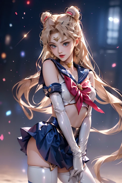 masutepiece, full: 1.3, to stand, 8K, 。.3D, Realistic, Ultra Micro Photography, of the highest quality, Wallpapers with extreme details CG Unity 8K, From below, Intricate details,highly dramatic picture, Dynamic Angle, (NSFW:1.2),(1 female), 28 years old, (meishaonv,Sailor Moon,tiarra, Sailor Senshi Uniform Sailor: 1.2, Sailor Moon: 1.2), Incredibly long bright twin-tailed blonde, Thin and very long straight twin tail blonde, Hair bun, Red round hair ornament in a hair bun, Sailor Senshi Uniform, Colossal tits, (Silver-blue color, blue sailor collar, Silver-blue pre-gate ultra mini skirt: 1.3,Pants are visible,Super High Leg Swimsuit, very large red bow on the chest,,,: 1.3, Long white latex gloves: 1.3, Red gloves on the elbows, very large red bow behind the waist,,: 1.1, cleavage looks bigger:1.2, a golden tiara, earrings), (Face Details: 1.5, Bright blue eyes, Beautiful face, Beautiful eyes, shiny eyes, thin lips: 1.5, thin and sharp pale eyebrows, long dark eyelashes, Double eyelashes), Luxurious Golden Jewelry, Thin, thin and muscular,,,, a small face, Perfect proportions, thin waist, SEXY Model Pose,fighting stance, Visible Pore, Seductive smile, Perfect hands: 1.5, Very thin and fitting high gloss silver-white holographic leather, Octane Rendering, Strong natural light, Sunlight, exquisite lighting and shadow,Digital SLR, Sharp Focus: 1.0, Maximum clarity and sharpness, (Space background,Moon, dynamic background, Detailed background),(Rabbit, Double bun, Twin-tailed, Parted bangs, circlet, Jewelry, earrings, Choker, Red bow, White Gloves, elbow groves, Blue skirt
),nffsw