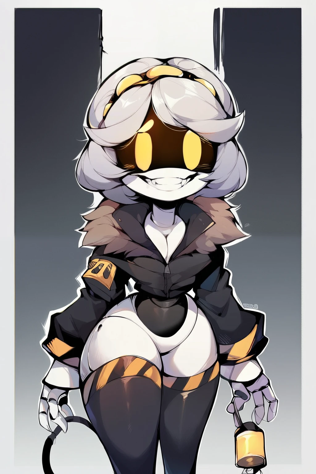 2D, score_9, score_8_up, score_7_up, BREAK, 1girl, solo,sdV, Grey Hair, Yellow Eyes, Robot, Visor, Tail, Black Jacket, Fur Trim, Thighhighs, wide hips, enormous breasts, small head, creepy smile, thick thighs,