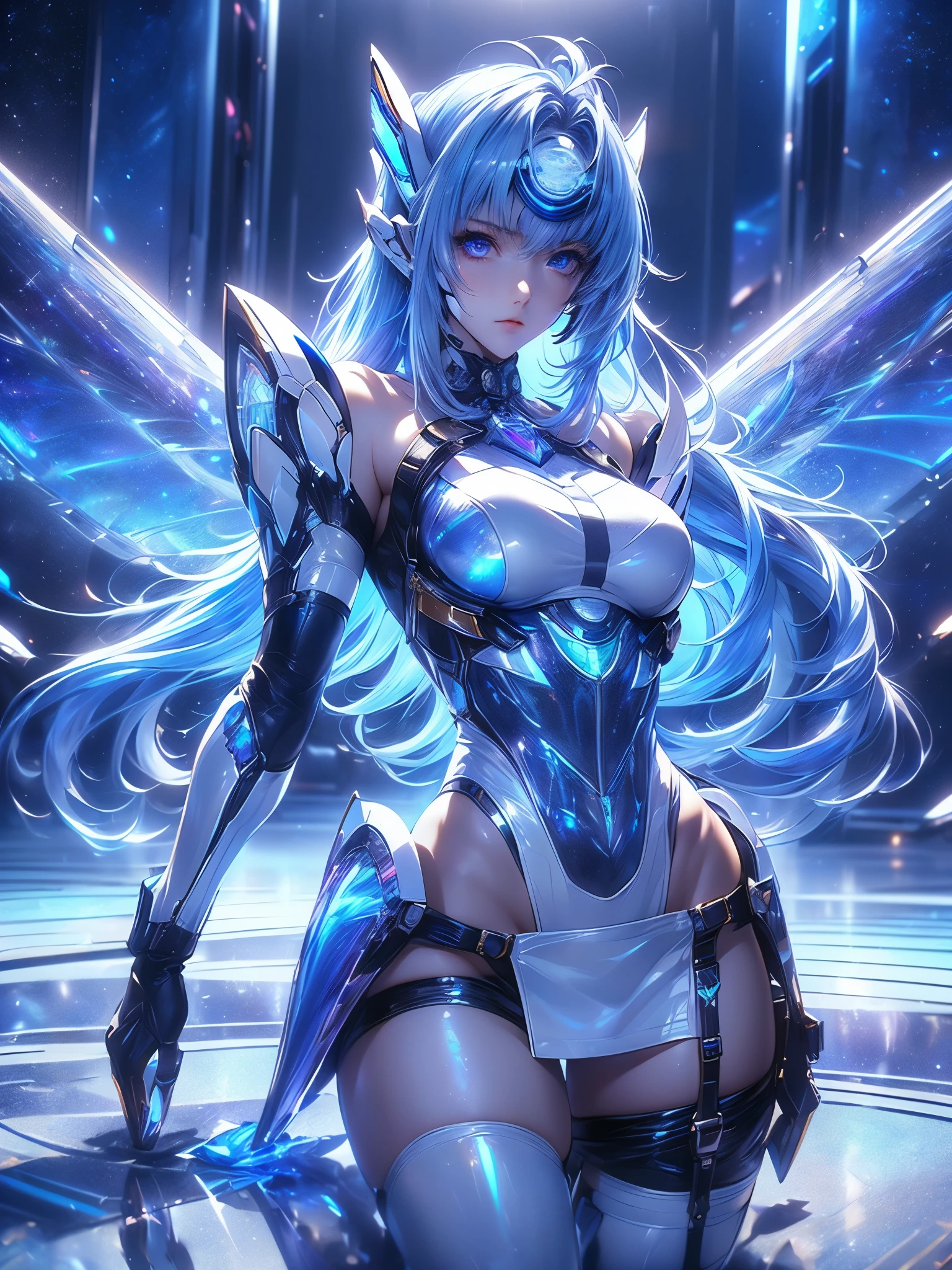 ultra high resolution, master piece, 8K, (photorealistic:1.1), Raw photo, best quality, sharp focus, Tang Suit、see-through hanfu、In a free-flowing surrealist style、Image of a woman wearing colorful robot technology、shiny/shiny、accurate and realistic、hard surface modeling、Precise lines、bright silver and azure、engineering/construction and design ,luminous headphones、luminous hair accessories、long hair、Luminous earrings、luminous necklace、cyber punk、transparent clothes、Rainbow-colored、beautiful face、detailed face、perfect proportions、big breasts、thin waist、navel、gap between crotches、thighs、Research room、mechanical、Operation panel、Wiring cord、lots of leds、Colorful LED、(depth field:1.3)、(((blur)))、environmental lighting、front light、(lighting on face:1.5)、