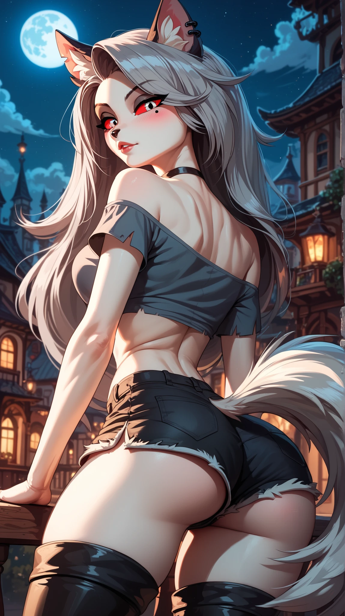 Perfect eyes, perfectly sexy face , extremely detailed, looking at the spectator, red eyes, loona, hazbin hotel, wide hips , animal ear, animal ears , animal nose, tail, shorts brancos, short shorts , thigh boots, short top, apenas_shoulder, Fantasy, night, rear view ,