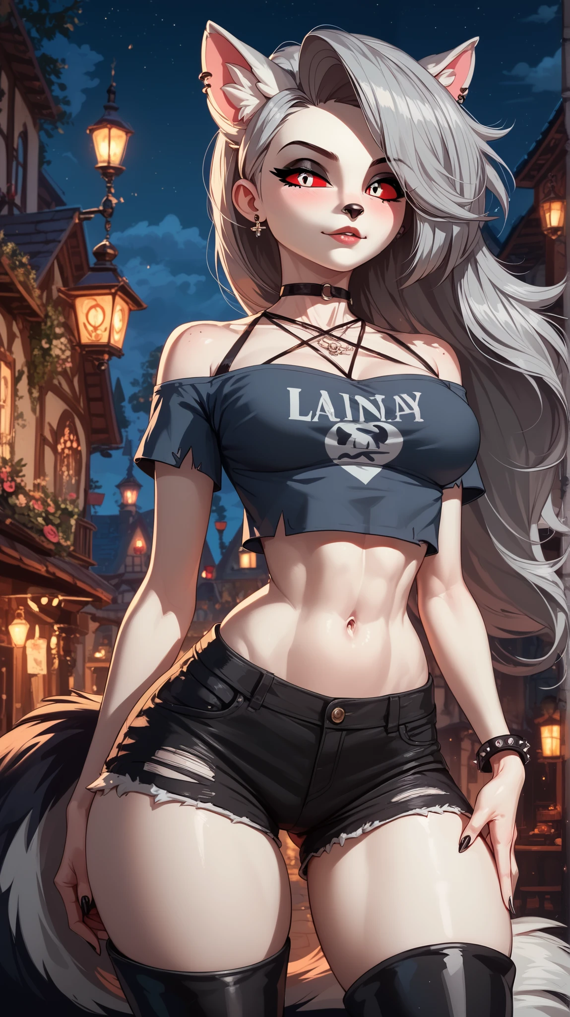 Perfect eyes, perfectly sexy face , extremely detailed, looking at the spectator, red eyes, loona, hazbin hotel, wide hips , animal ear, animal ears , animal nose, tail, shorts brancos, short shorts , thigh boots, short top, apenas_shoulder, Fantasy, night, standing,