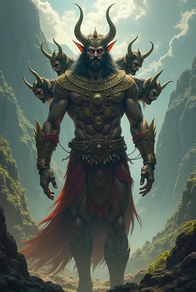 Ravana with 5 of his heads lined next to head in right and 4 heads to the left holding sward and golden armour he has beard with human skin