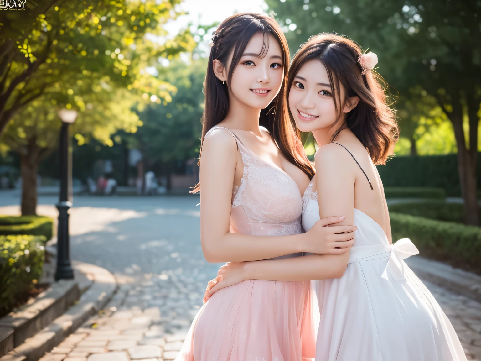 primitive,, (((two girls,duo,stroking))),Nikon Z 85mm, award-winning glamorous photography,((Best quality)), ((Masterpiece)), ((Realistic)), 18th century, Vintage image, Beautiful French woman wears, Lace dress, Wearing a crown, 25 years, (Long brown hair), Brown eyes, (Large breasts), Sitting outside a café in Paris, Eiffel tower in the background, small, ((Small breasts)), Innocent, Flower pedal in the air, ((freckle)), Intricate details, Highly detailed, Sharp focus, professional, 4K, spring flowers blooming, divine rays, Hand model, stunning blue eyes, small, Delicate, Innocent, high resolution, Detailed facial features, High detail, Sharp focus, smooth, Aesthetic, Extremely detailed, photore_\(Supergianthugebreasts\), Photorealistic, Realistic, Post-processing, Maximum detail, Roughness, Real life, Ultra photo realsisim, Photorealism, Photography, 8K UHD, Photography, light SEMI-SILHOUETTE, russian face