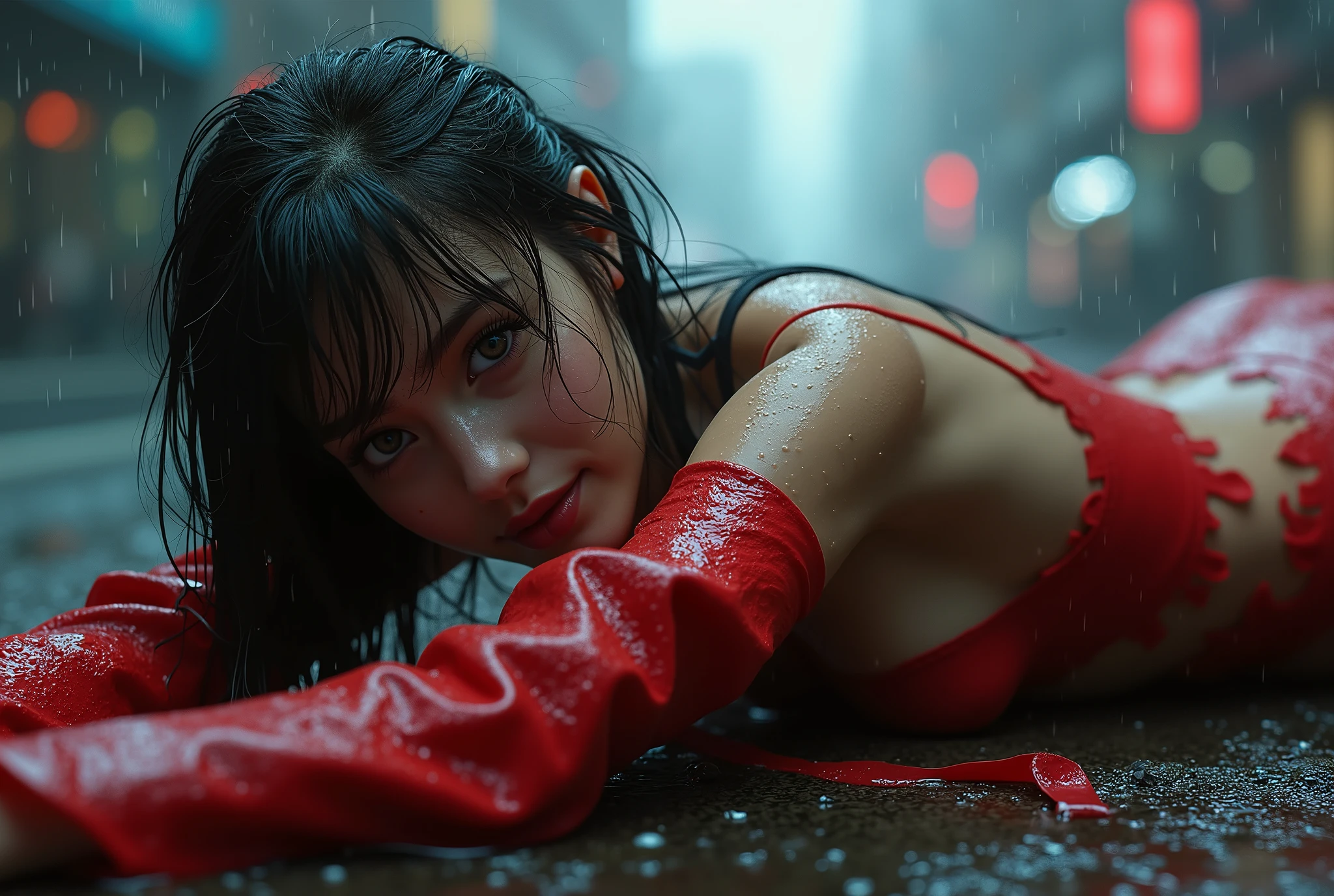 A half-naked girl with nice grey eyes in red torn suit and wet body and laying up down in cyberpunk city asphalt and rainy weather and watching me with smile, ideal body form, nice girl, high quality photo