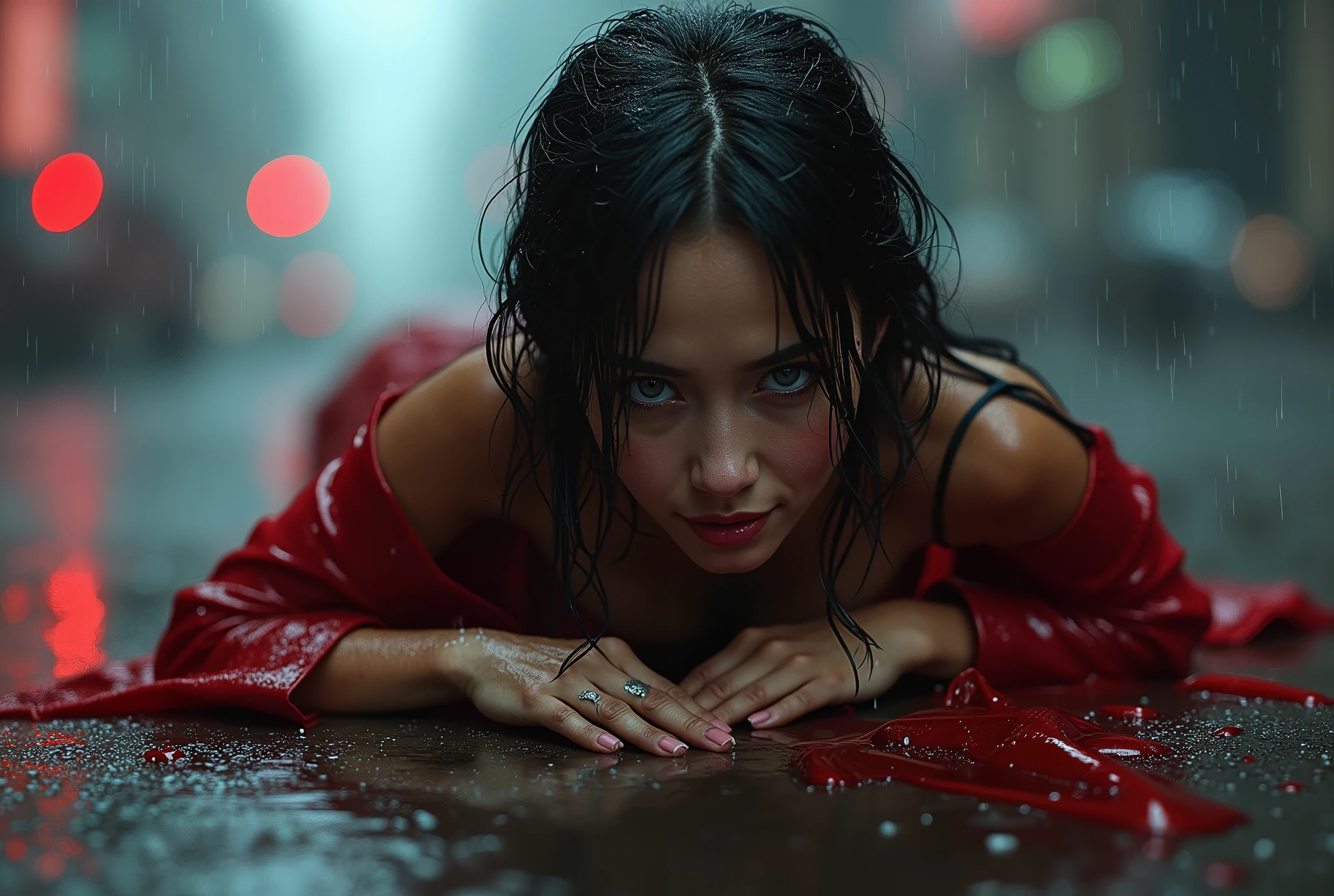 A half-naked girl with nice grey eyes in red torn suit and wet body and laying up down in cyberpunk city asphalt and rainy weather and watching me with smile, ideal body form, nice girl, high quality photo