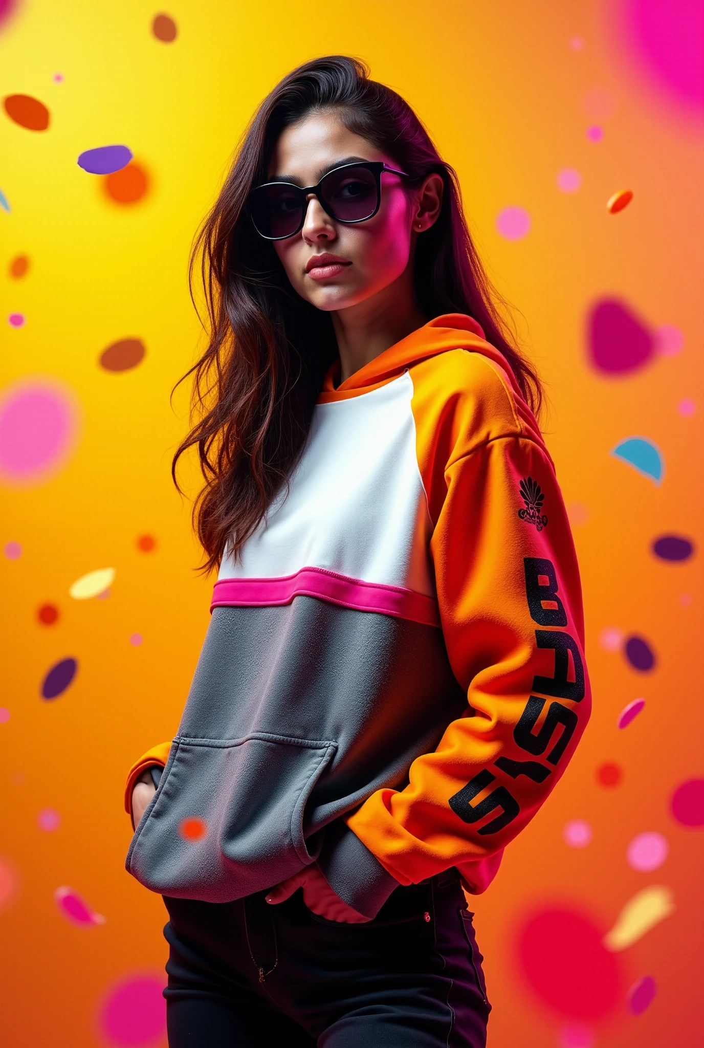 
A promotional flyer1015 x 1350 px size .  A young indian light-skinned woman, positioned slightly off-center towards the left of the image, is the main subject. She is wearing a stylish, orange and gray, two-toned sweatshirt with graphic designs.  She is also wearing dark sunglasses and appears to be smiling. The woman's expression is confident. Her body type is slender.  The background is a dynamic gold geometric pattern with colorful confetti.   The overall style of the flyer is trendy and vibrant, with the colors orange, gray, pink, and gold dominating the composition. lighting highlights her face and outfit. The atmosphere is energetic and suggestive of a fashionable event.
Apply AI-driven effects such as color correction, shadowing, and text styling to enhance the design's overall appeal.
Visual Hierarchy:

