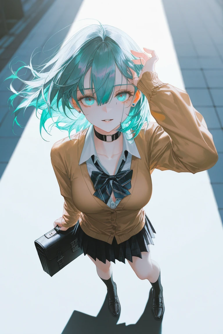 depth of field,(artist:quasarcake:0.8),extreme aesthetic,(wlop:0.6),wanke,rella,wanke,
masterpiece,best quality,good quality,newest,year 2024,year 2023,very aesthetic,absurdres,A shot with tension,ultra-high resolution,32K UHD,sharp focus,best quality,masterpiece,Emotionalization masterpiece,unconventional supreme,masterful details,with a high end texture,in the style of fashion photography,masterpiece,best quality,amazing quality,very aesthetic,absurdres,best quality,newest,masterpiece, tearingclothesoff,
1girl, solo, hair between eyes, , collarbone, medium hair, aqua eyes, aqua hair, collared shirt, pleated skirt, long sleeves, bow, school uniform, earrings, shoes, choker, socks, bowtie, cardigan, school bag, stud earrings, partially unbuttoned, open collar, standing, looking at viewer, smile,holding briefcase,arm up, parted lips,
shadow, wind,bloom,
full body,from above, perspective